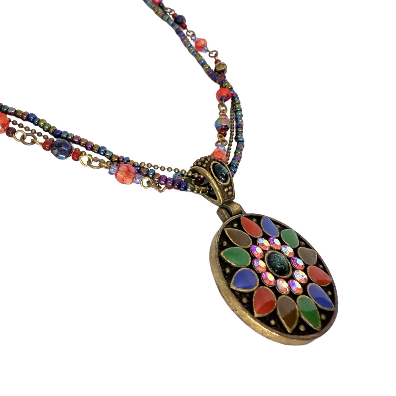 Multicolor Necklace Statement Pendant 19″ Beaded Layered Chain Bohemian