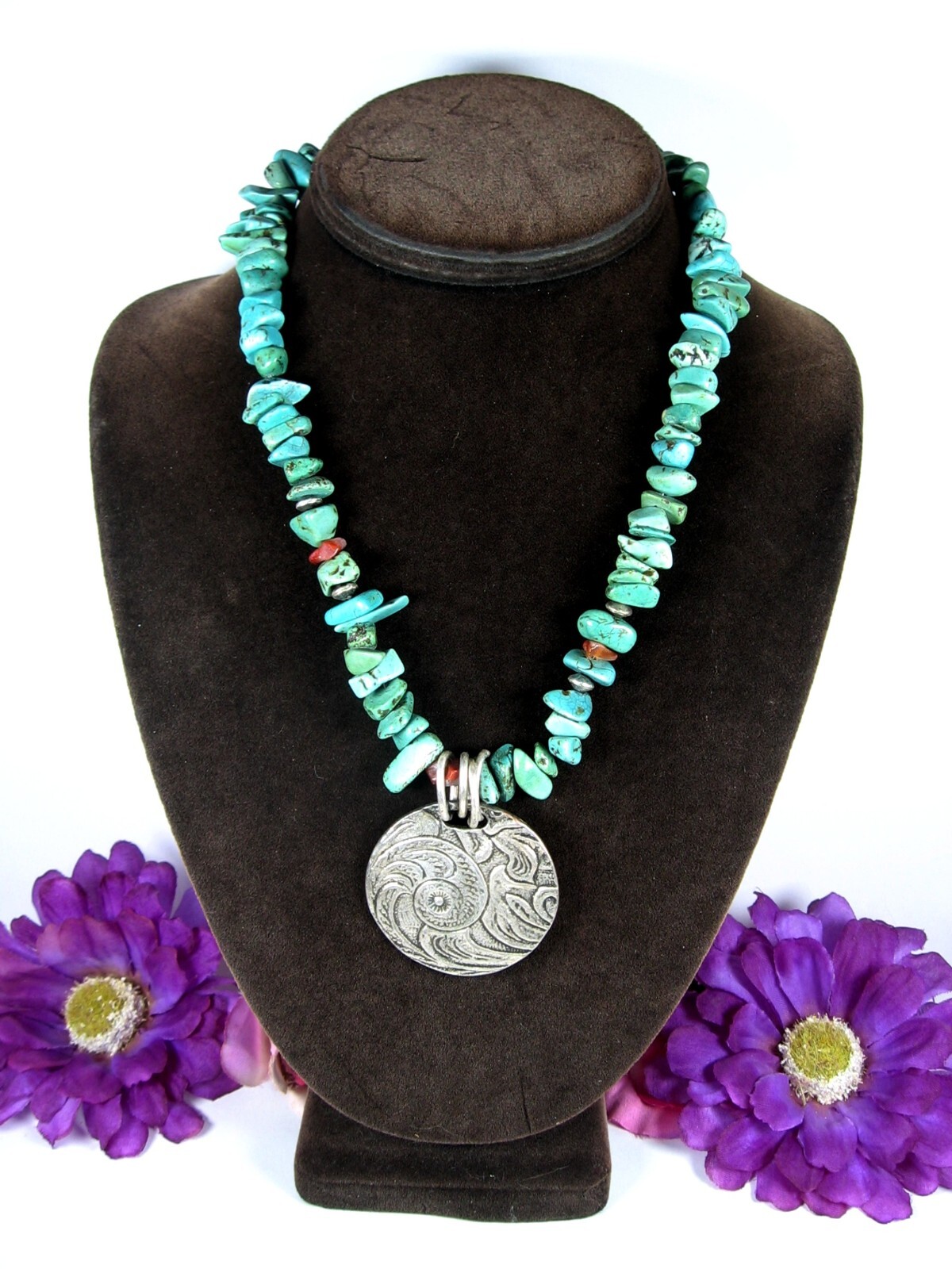 COLDWATER CREEK Vintage Green Turquoise Stone Bead Spiral PENDANT Silvertone 18″