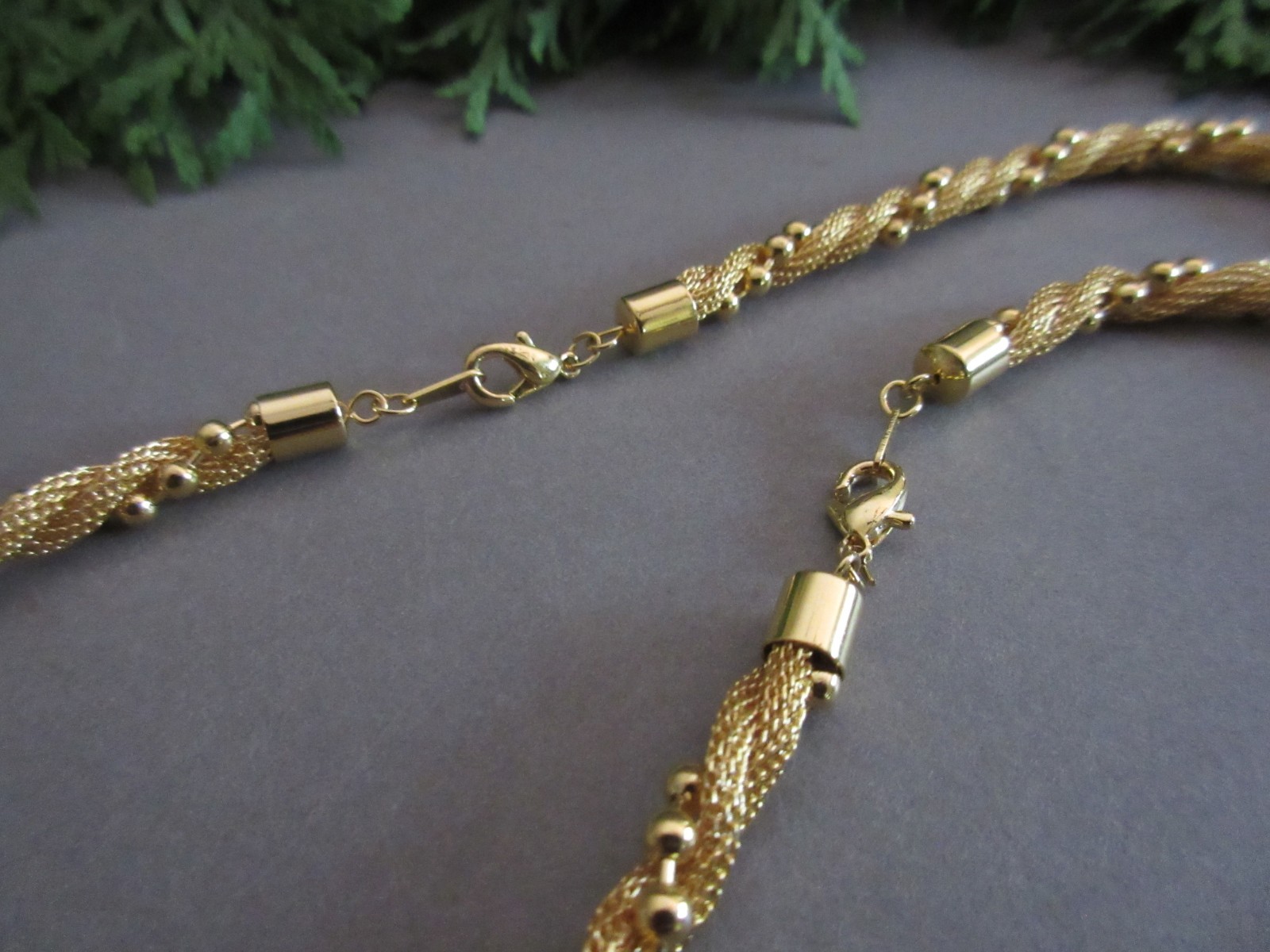 Vintage Gold Tone Twisted Mesh Rope Beaded Necklace & Bracelet Set