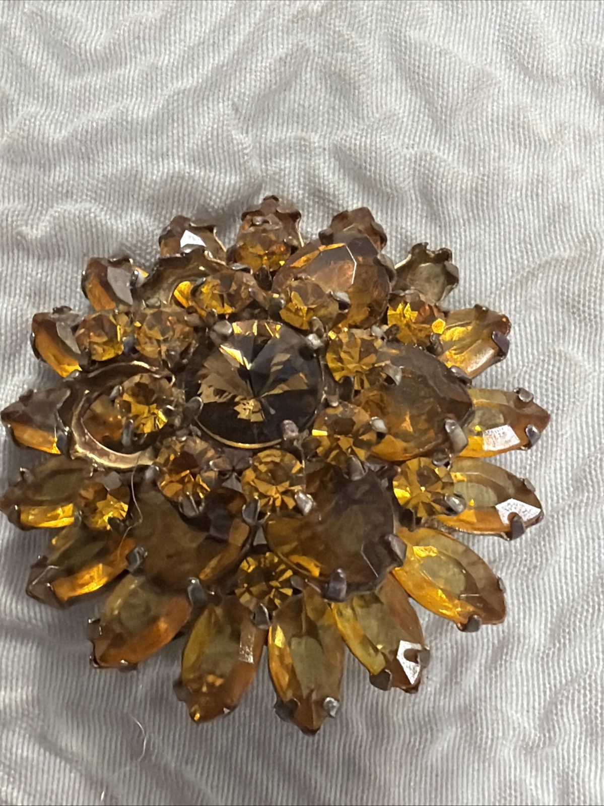Vintage 3DAmber Citrine Topaz Marquise Chaton-Cut Faceted Crystals Flower Brooch