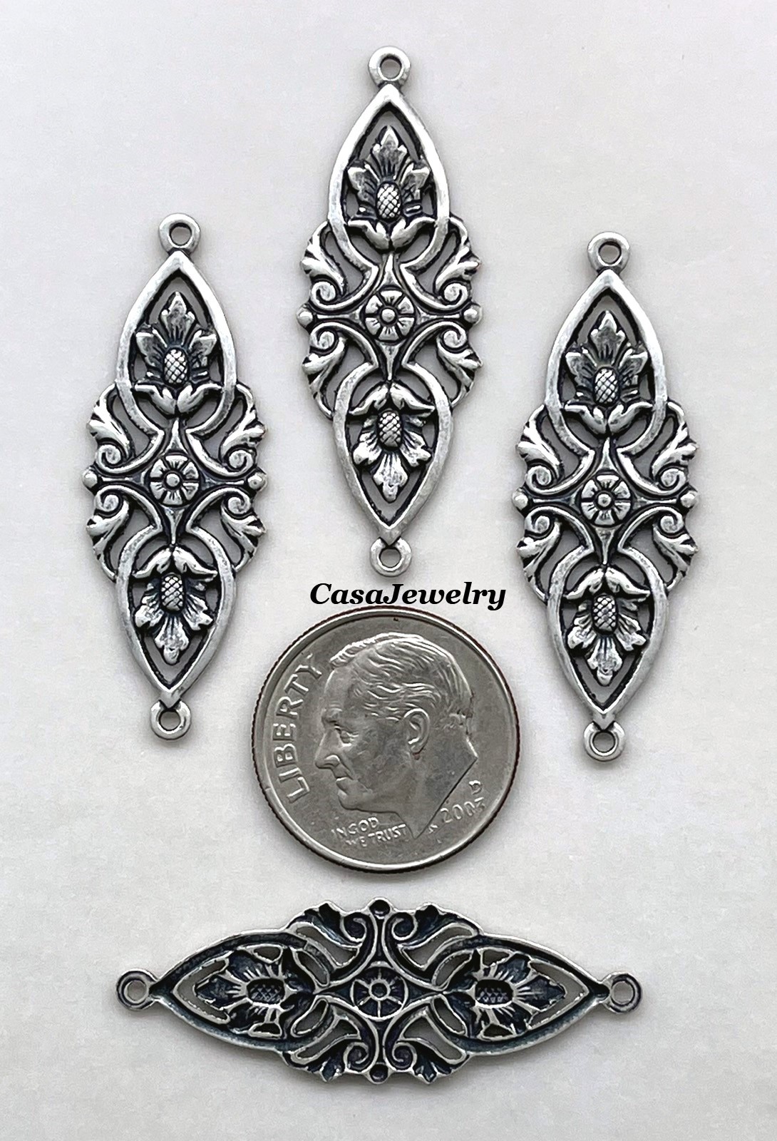 #3477 ANTIQUED .925 STERLING SILVER PLATED ART NOUVEAU DROP W/TOP RING- 4 Pcs