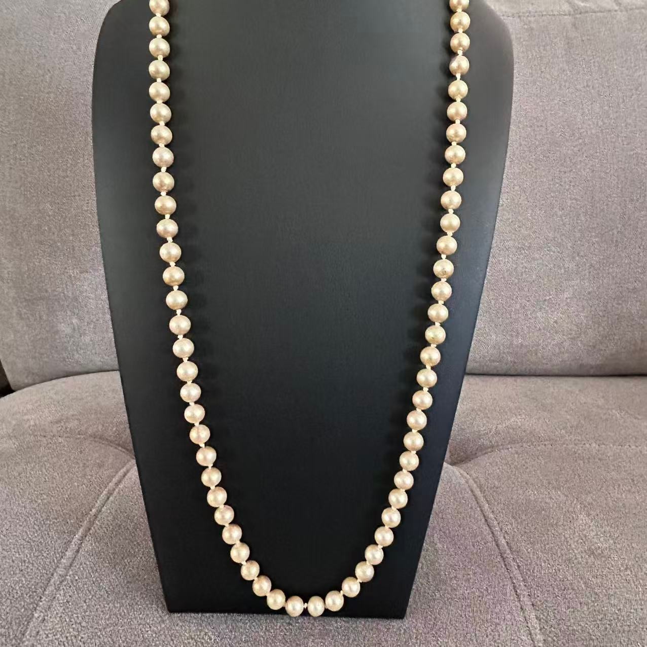 Vintage Champagne Faux Pearl Necklace Gold Tone Filigree Clasp Knotted 30″