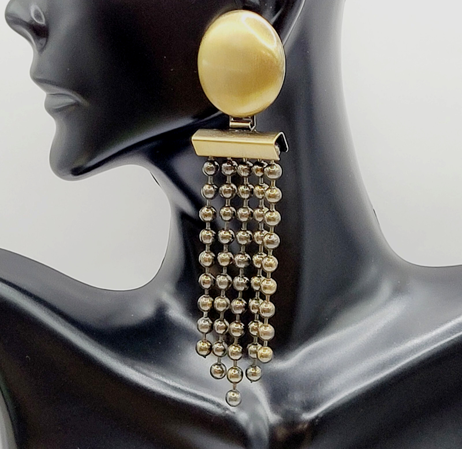 Ball & Chain Fringe Brutalist Runway Style Mixed Metal Tone Vtg Pierced Earrings