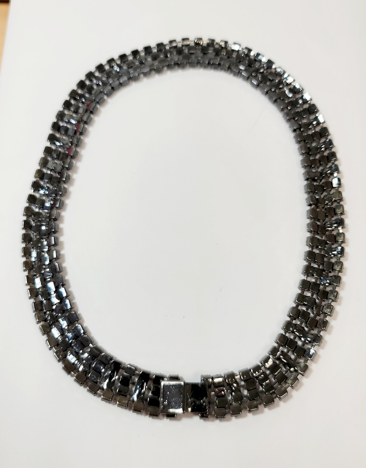Vintage Black Clear Rhinestone Japanned Metal Collar Necklace 18″