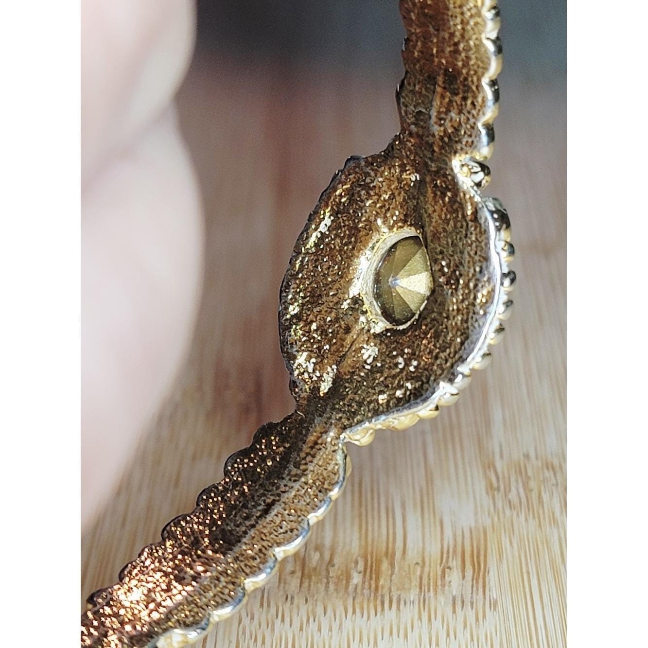 Vintage Gold Tone Rhinestone Bracelet White Enamel Ornate Hinged Bangle