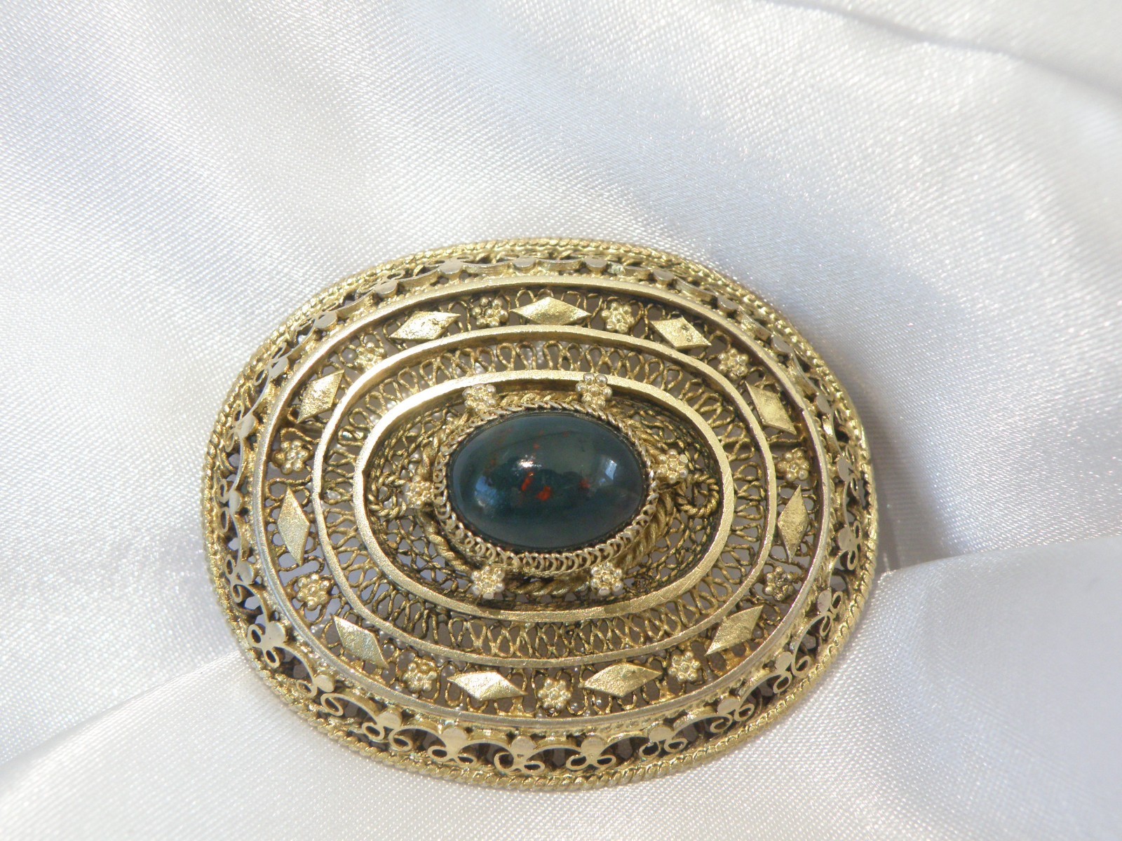 Vintage Silver Gold Plated Natura Bloodstone Large Filigree Brooch