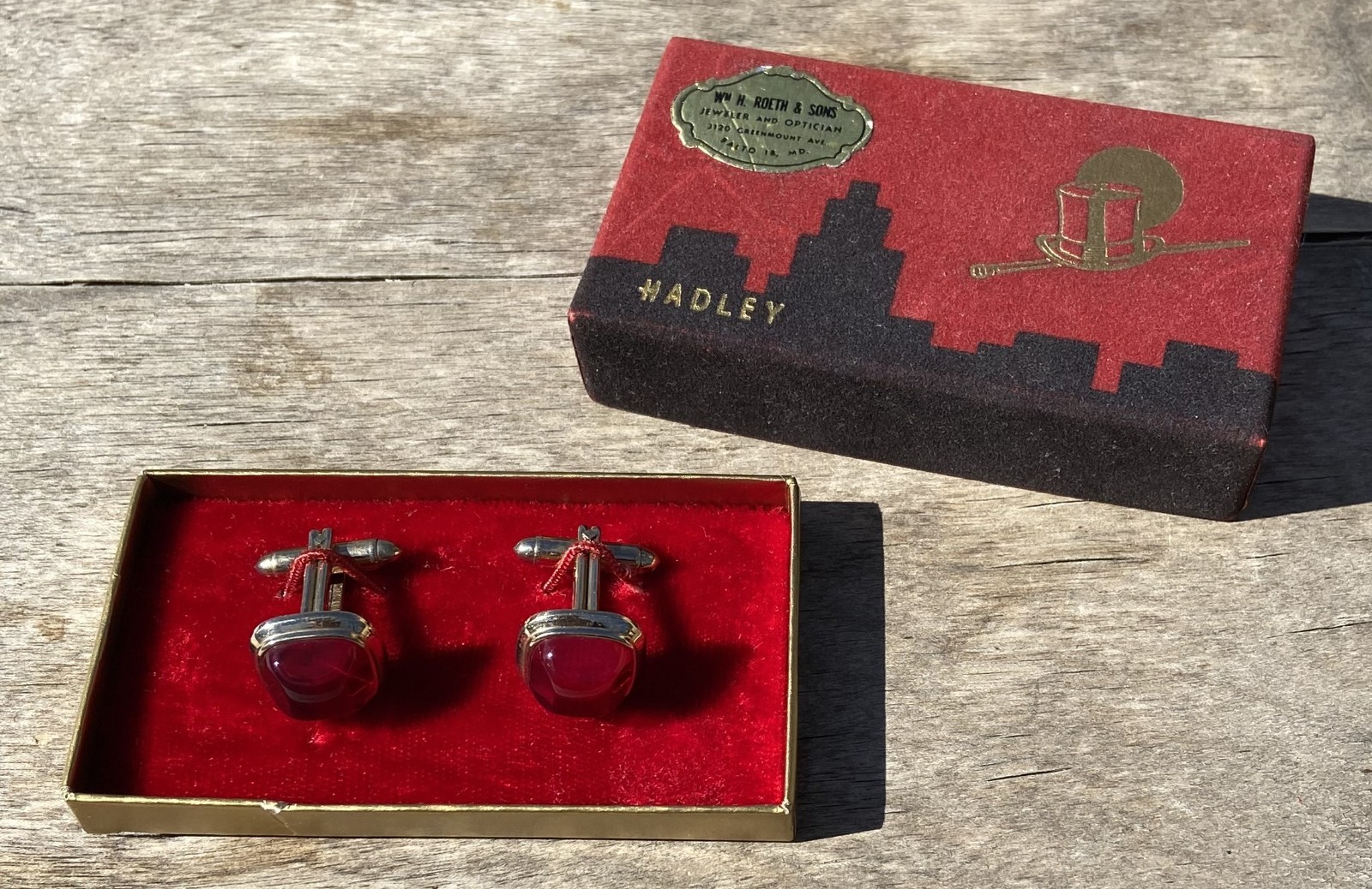 Vintage HADLEY Simulated Red Gemstone Cufflinks Original Box & Jeweler’s Label
