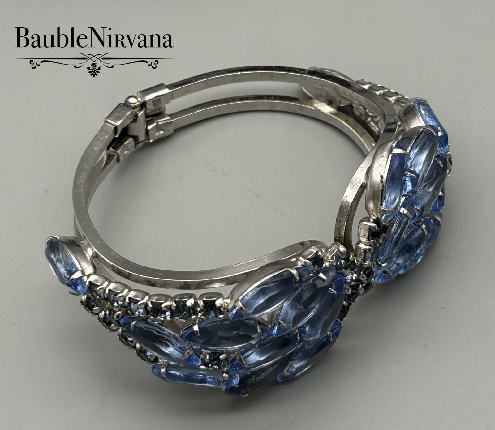 Vintage Icy Blue Prong Set Glass Stones Hinged Extra Wide Cuff Bracelet