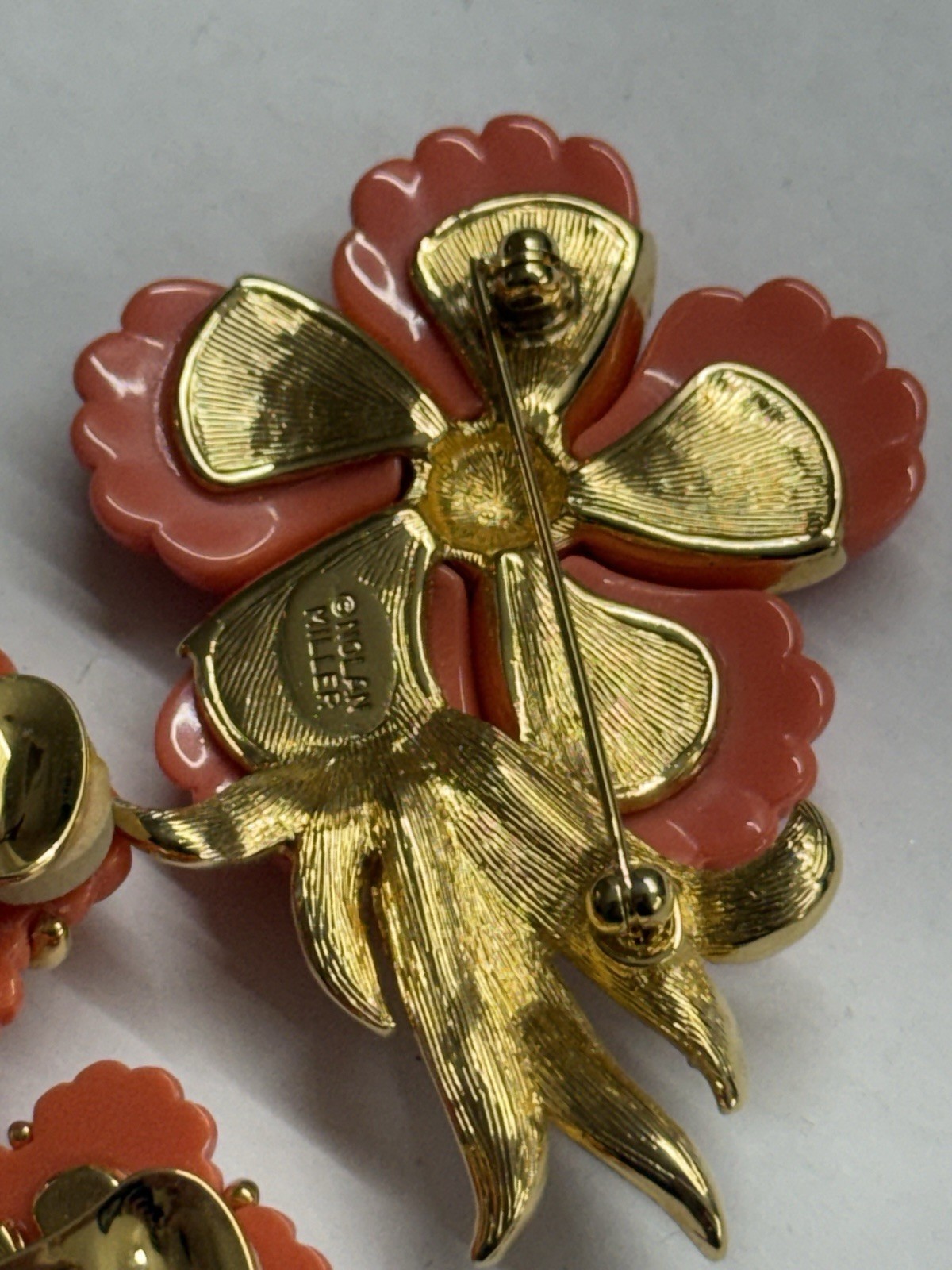 Vintage Nolan Miller Flower Brooch Pin Coral Gold Tone Rhinestone Signed