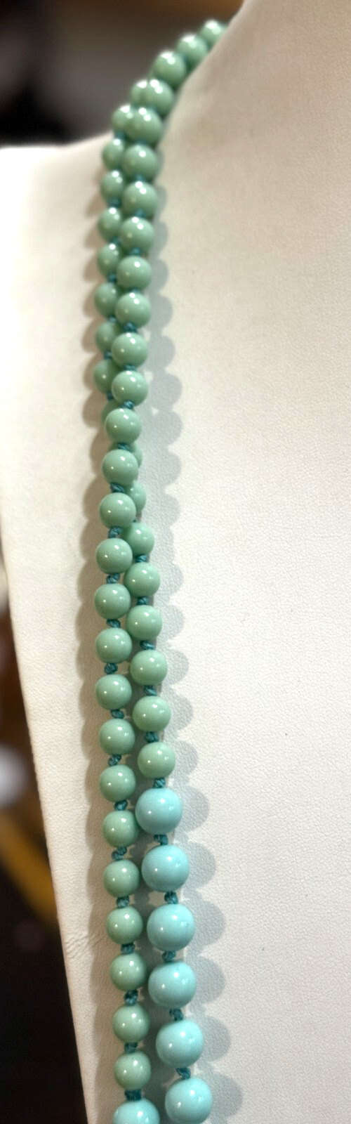 Vintage Hand Knotted Green Blue Two Tone Extra Long No Clasp Layering Necklace