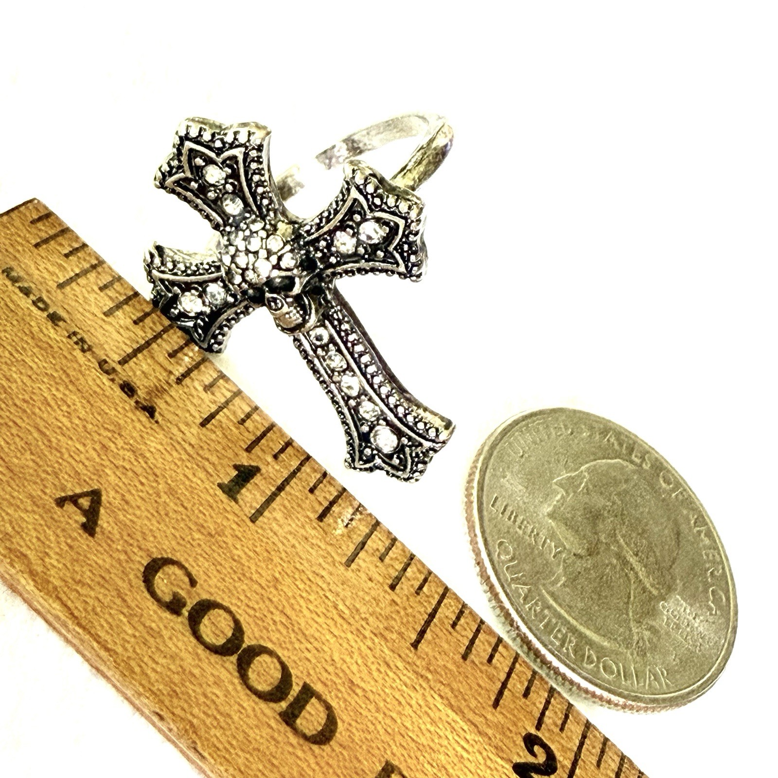 Vtg Silvertone Cross Ring Skull RS Gothic Steam Punk Size 7 Rare Statement B
