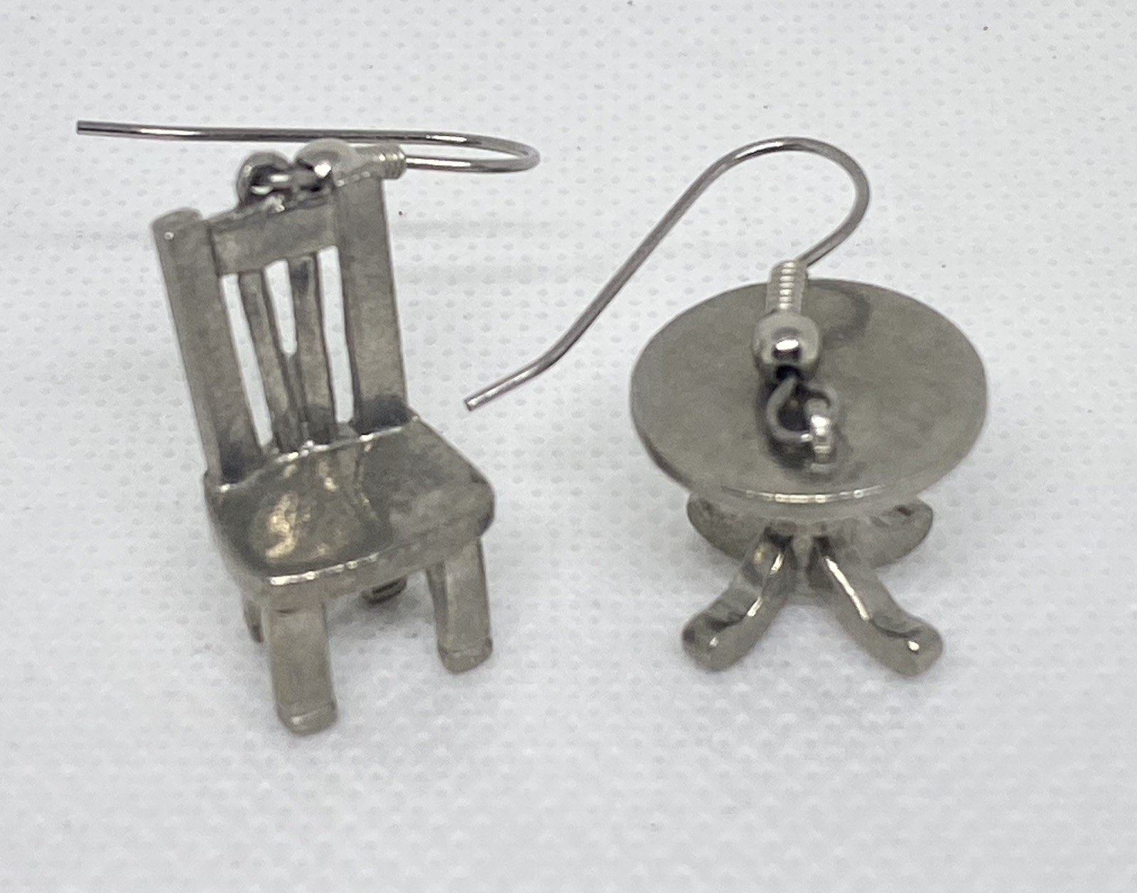Vintage signed Clift Pewter figural Table & Chair Dangle Drop hook Earrings