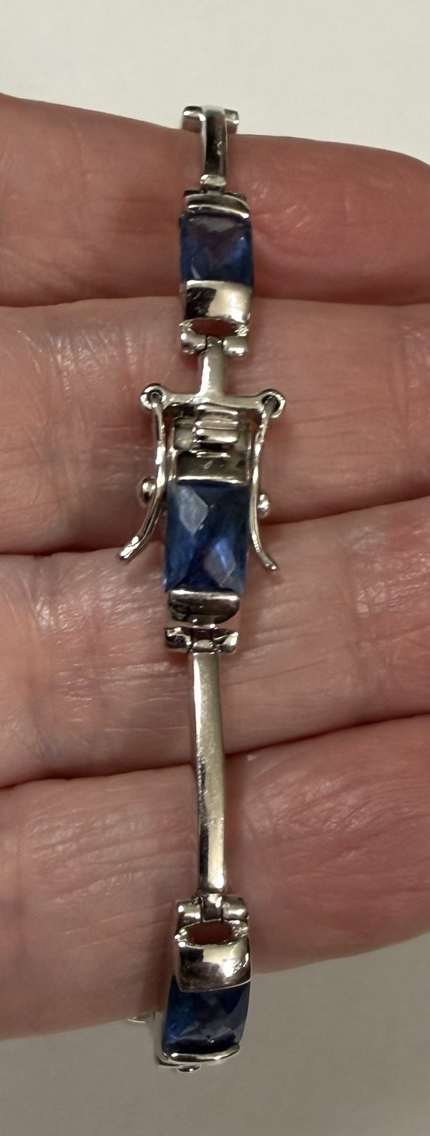 Vintage FAS Sterling Silver Blue Faceted Stone Station Bar Link Bracelet 7”, 10g
