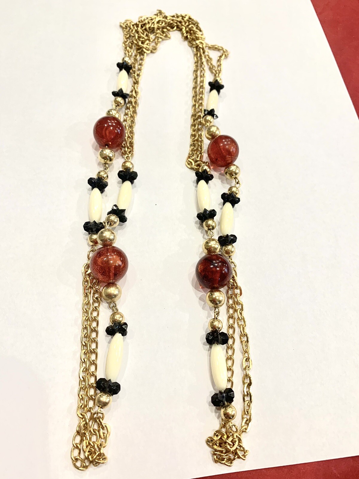 Vintage 48” Gold Tone W Black, Cream & Amber Colored Beads Necklace Or Belt