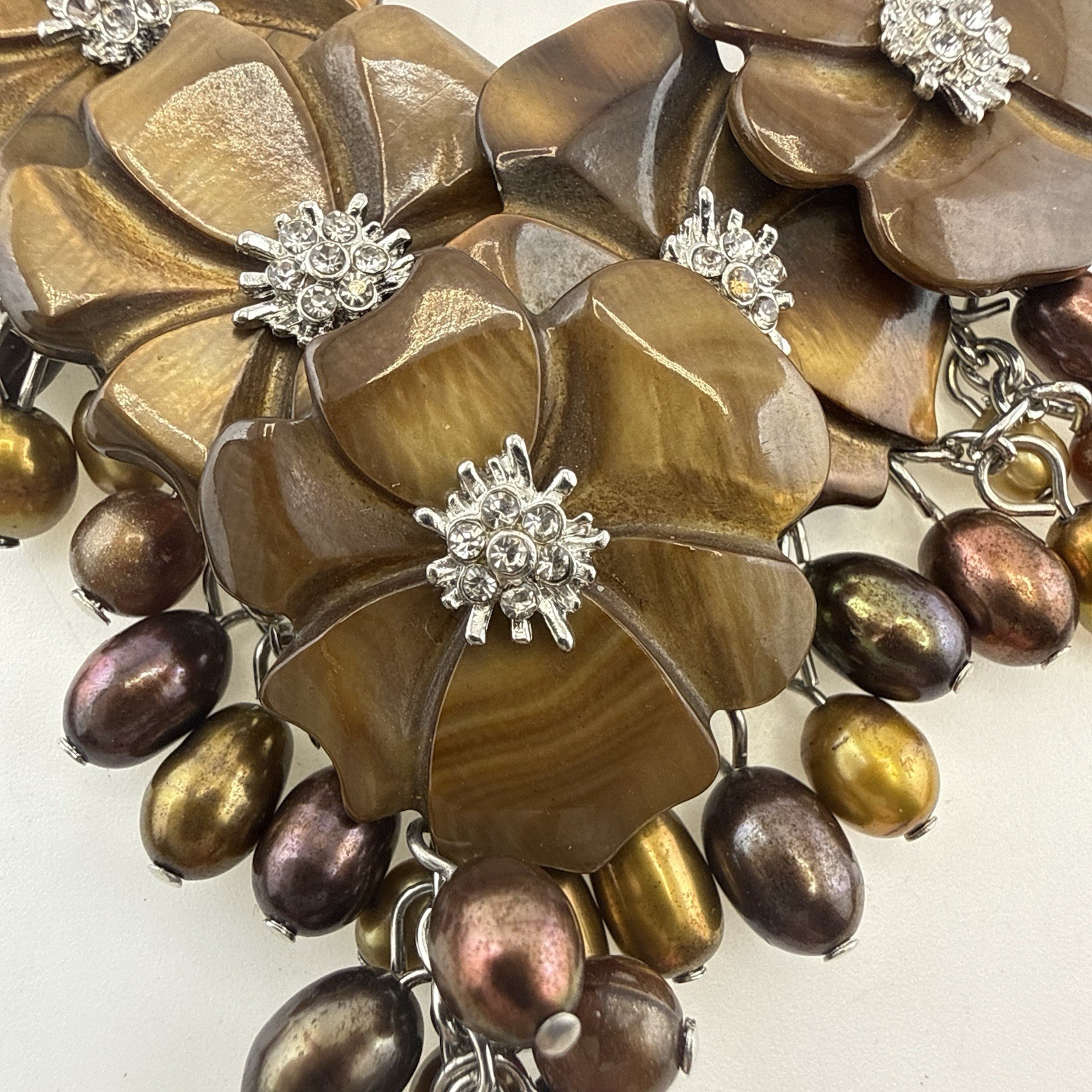 Tigers Eye Pearl Necklace Earrings Set Floral Waterfall Cluster Silver Tone QVC