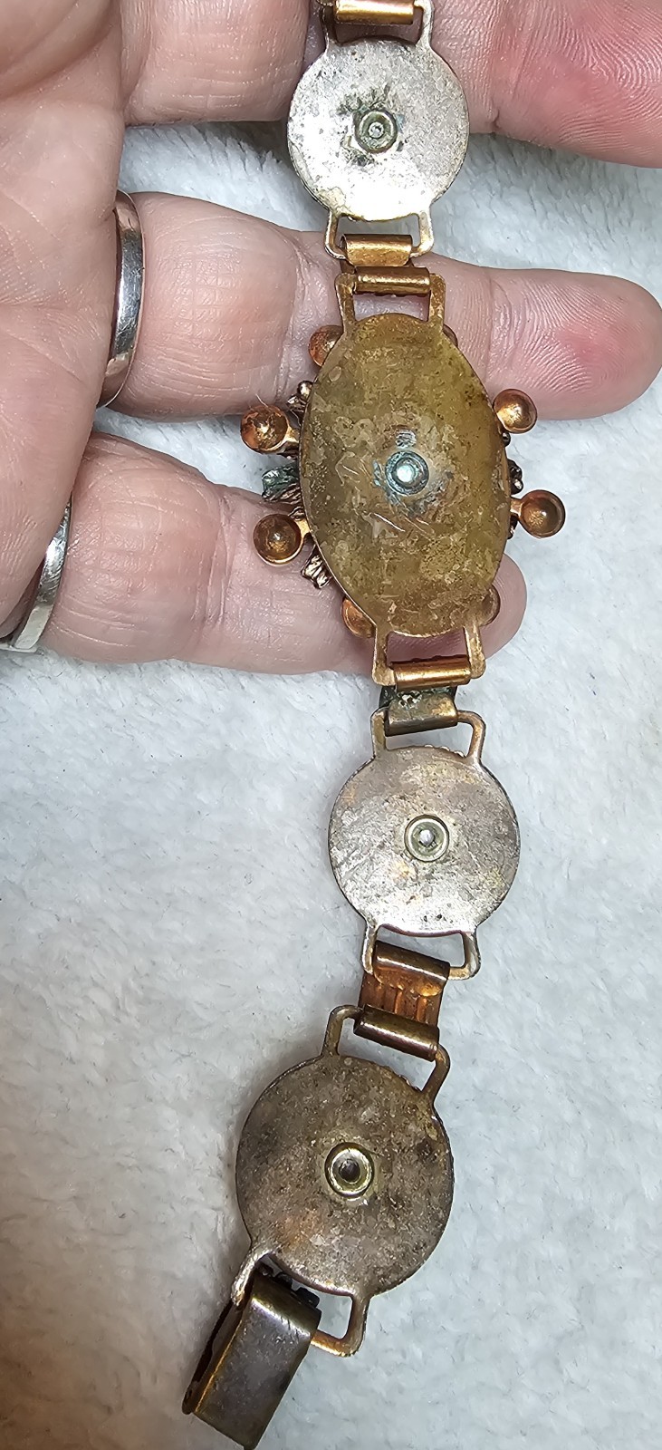 1940s Czech Glass Bracelet White Opaline Confetti Foil Brass