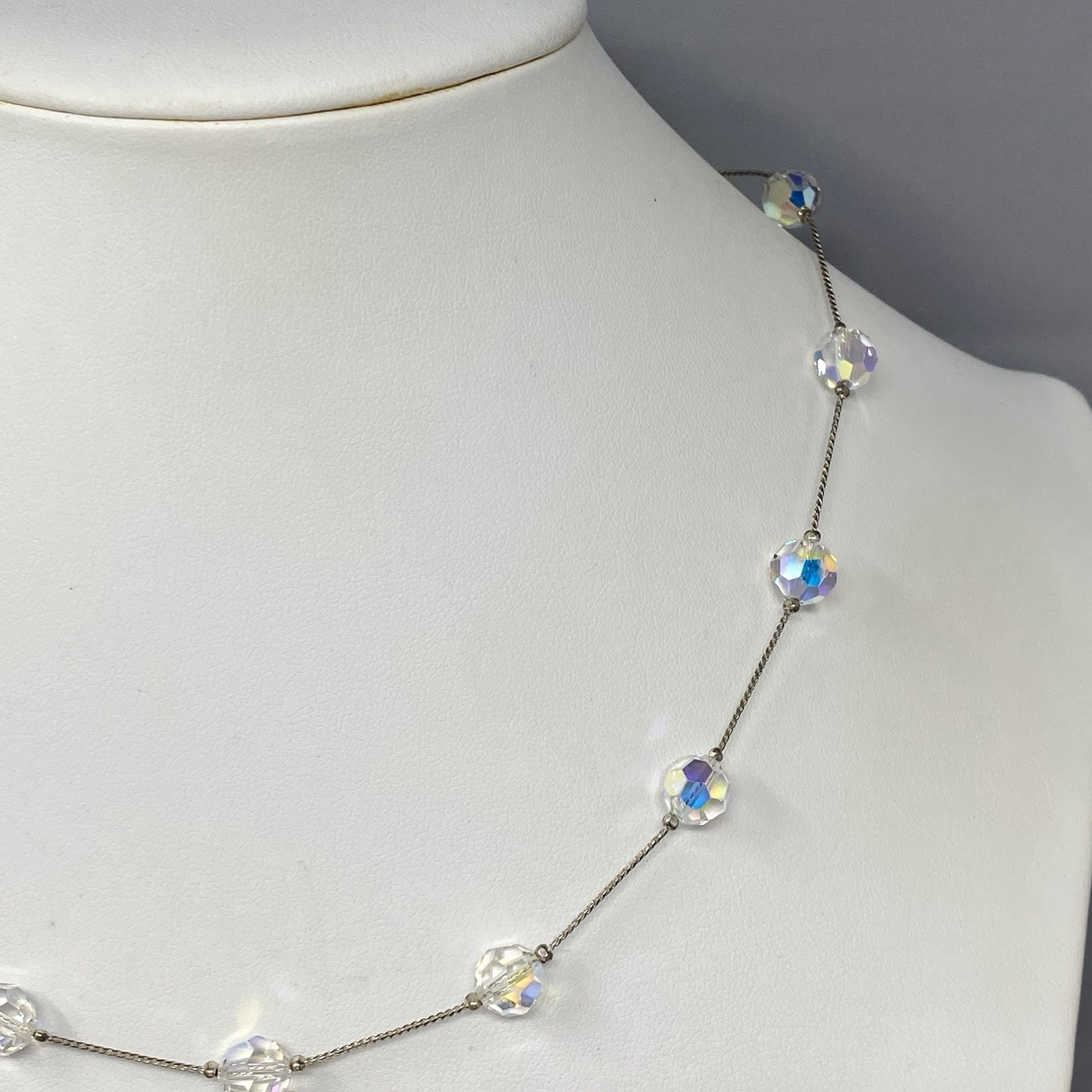 Aurora Borealis Crystal Bead Necklace Faceted Glass Silver Tone Chain Collar 18″