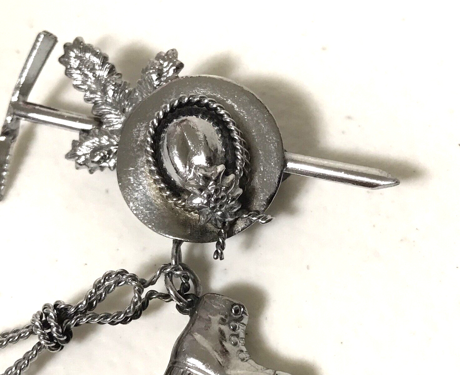 Vintage Silver Tone Gardening Hat Boot Tools Charms Dangles Brooch Pin Estate