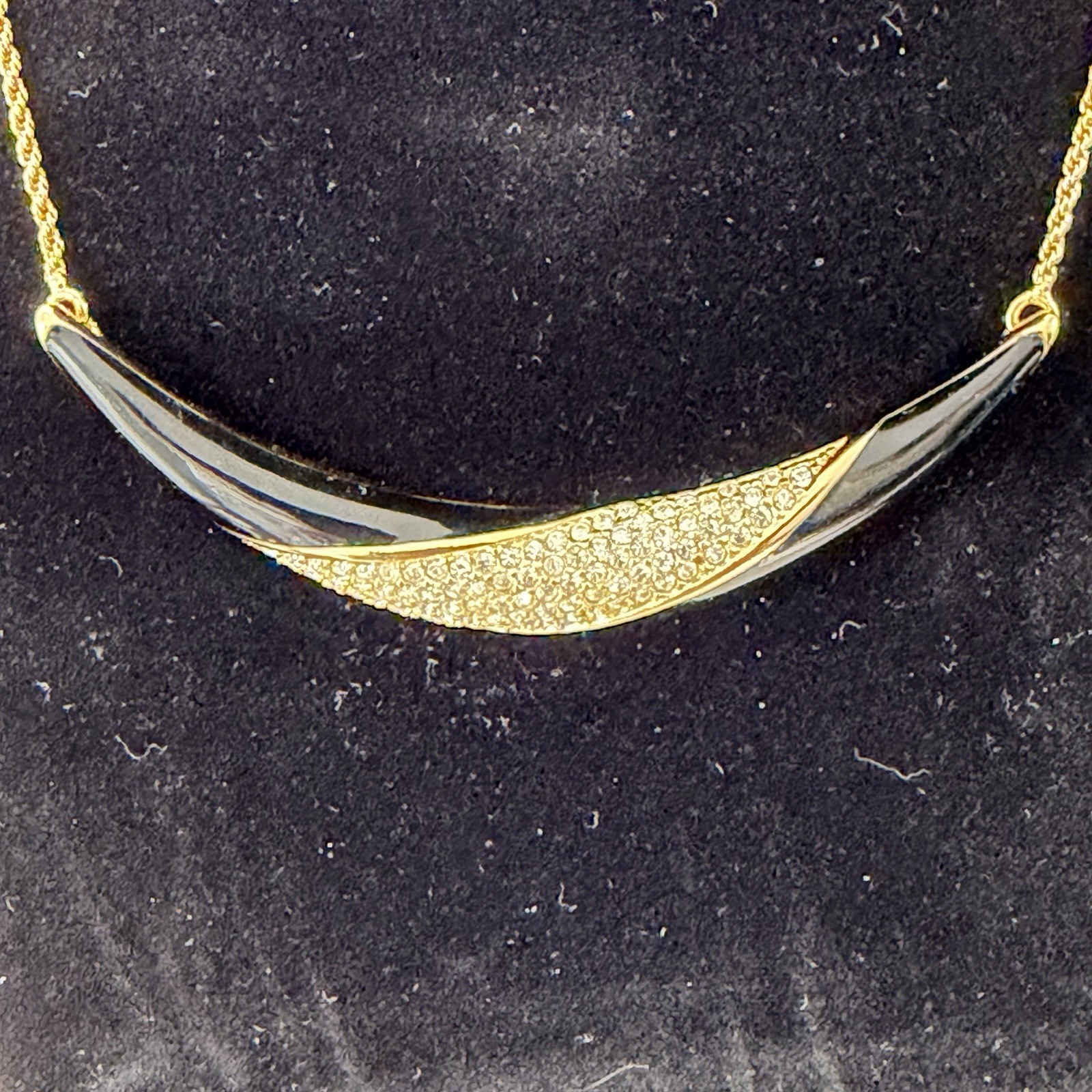 Christian Dior Vintage Necklace Pave Rhinestone Enamel Crescent Gold Plate 16”