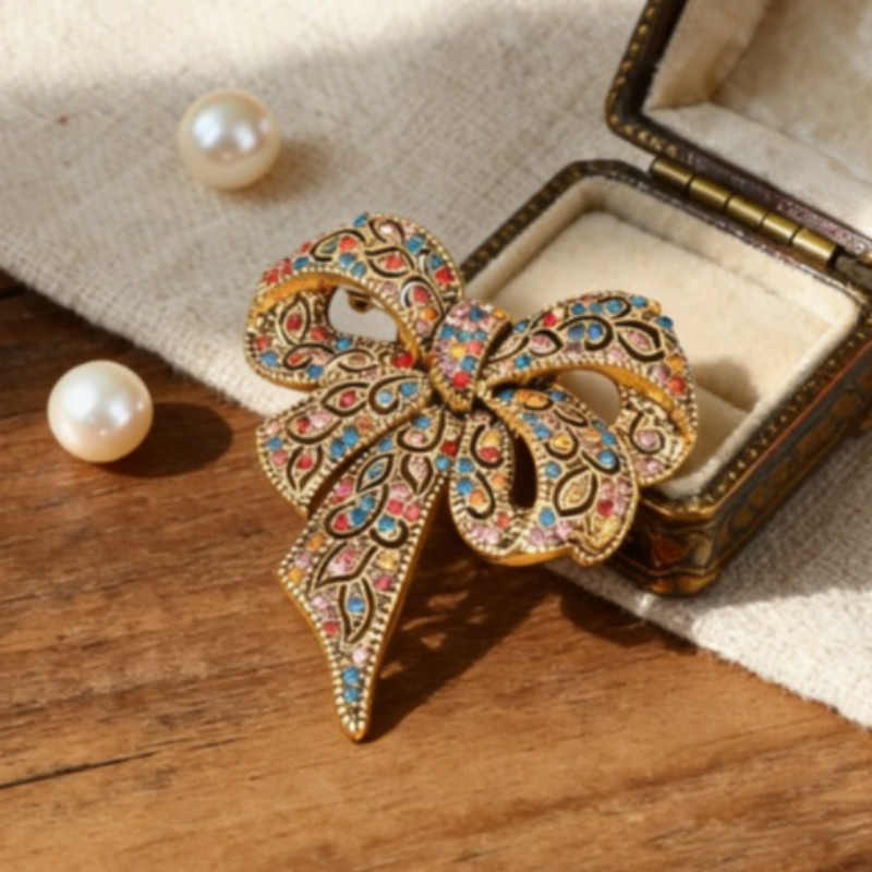 Sparkling Bow Brooch Enamel Rhinestone Pin Elegant Daily Wear Party Gift