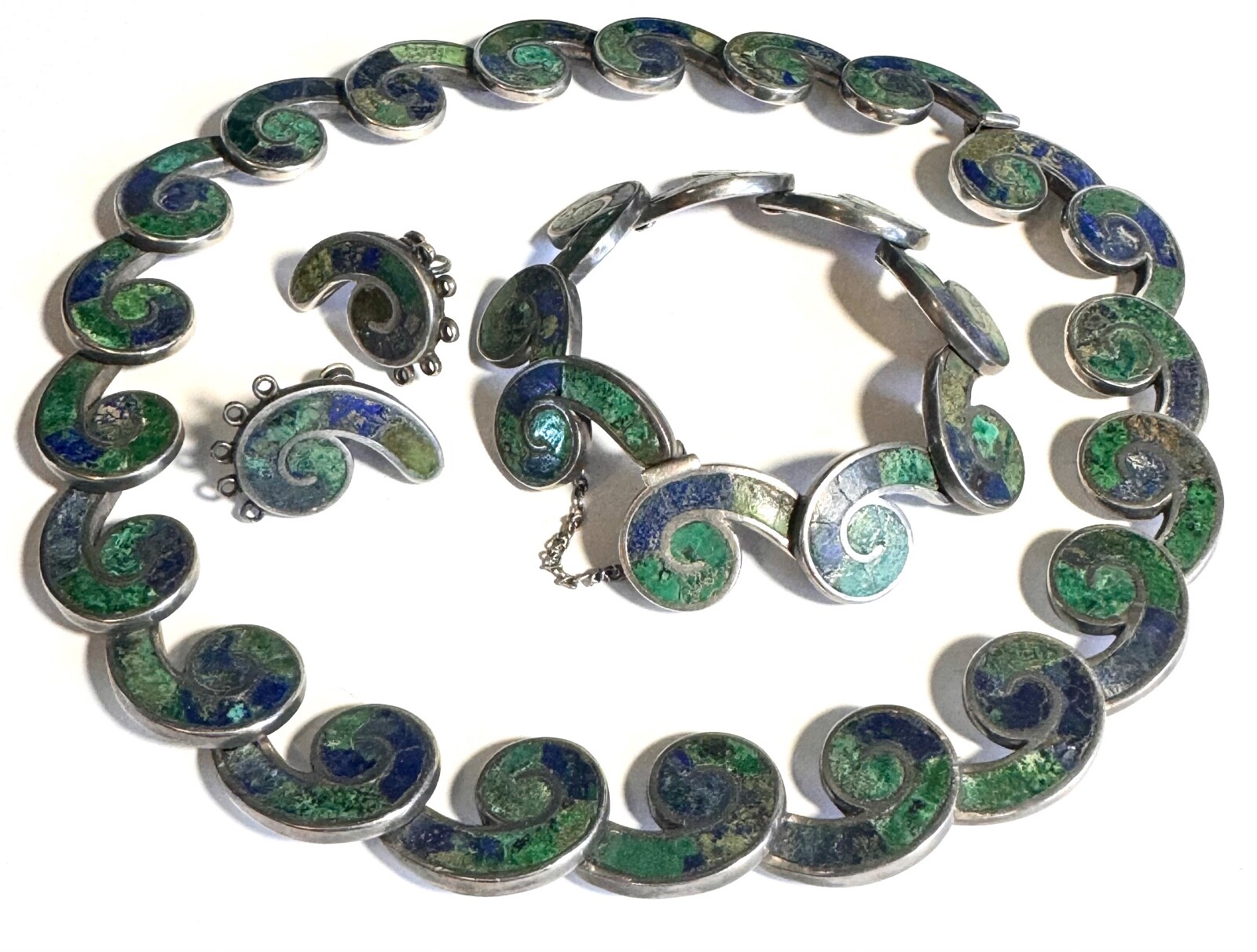 Los Castillo Azteca Sterling Suite of Necklace, Earrings, & Bracelet, Set