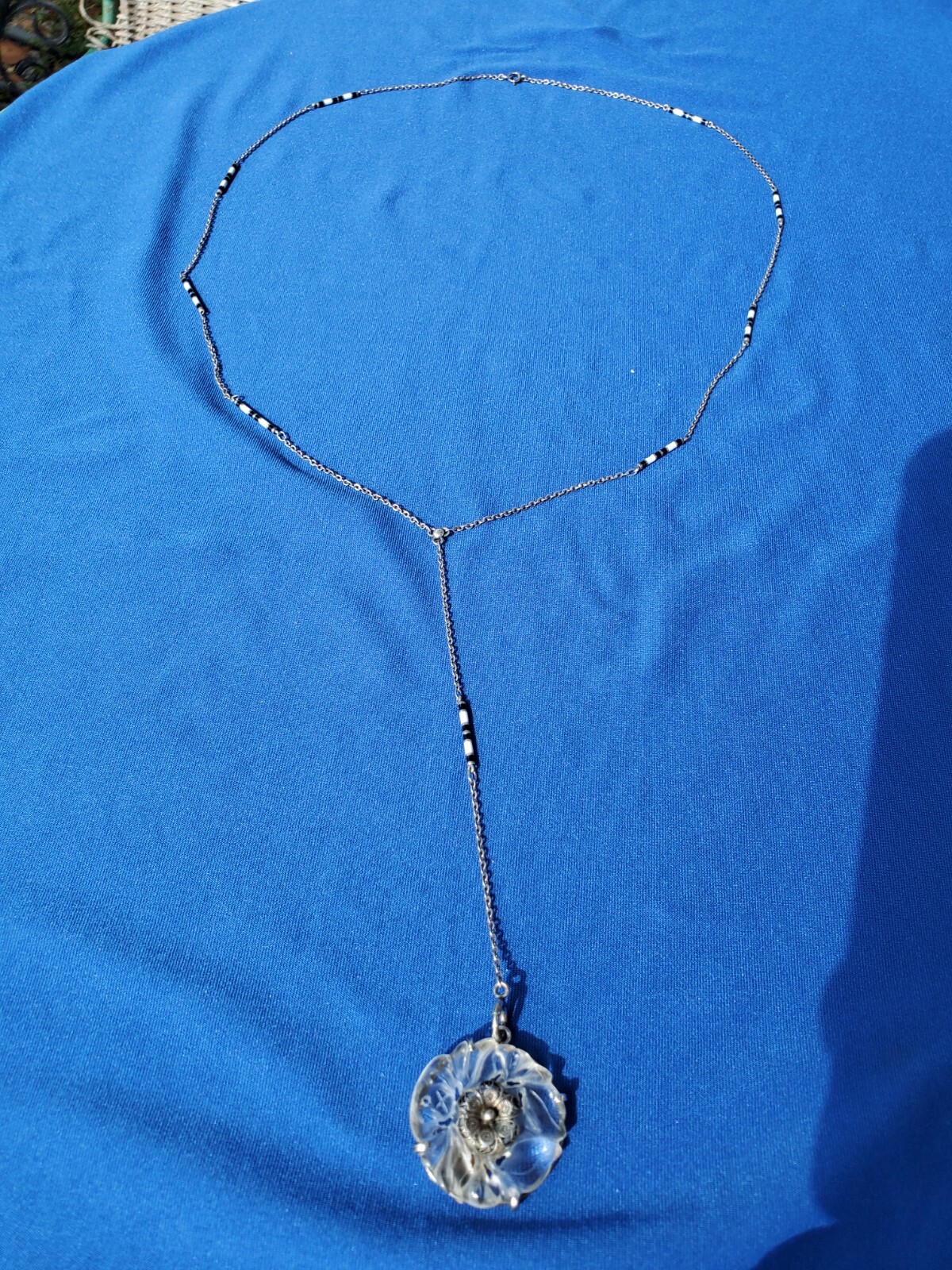 ORIGINAL Deco Guilloche Enamel STERLING SILVER 925 Necklace Antique Chain 24″ IN