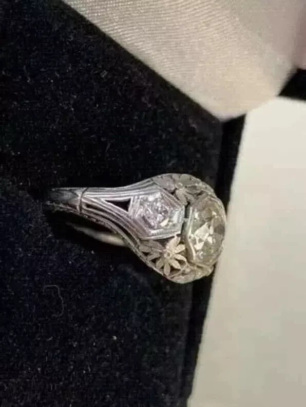 Art Deco Filigree Engagement Ring Vintage Diamond Navette Ring14K White Gold FN