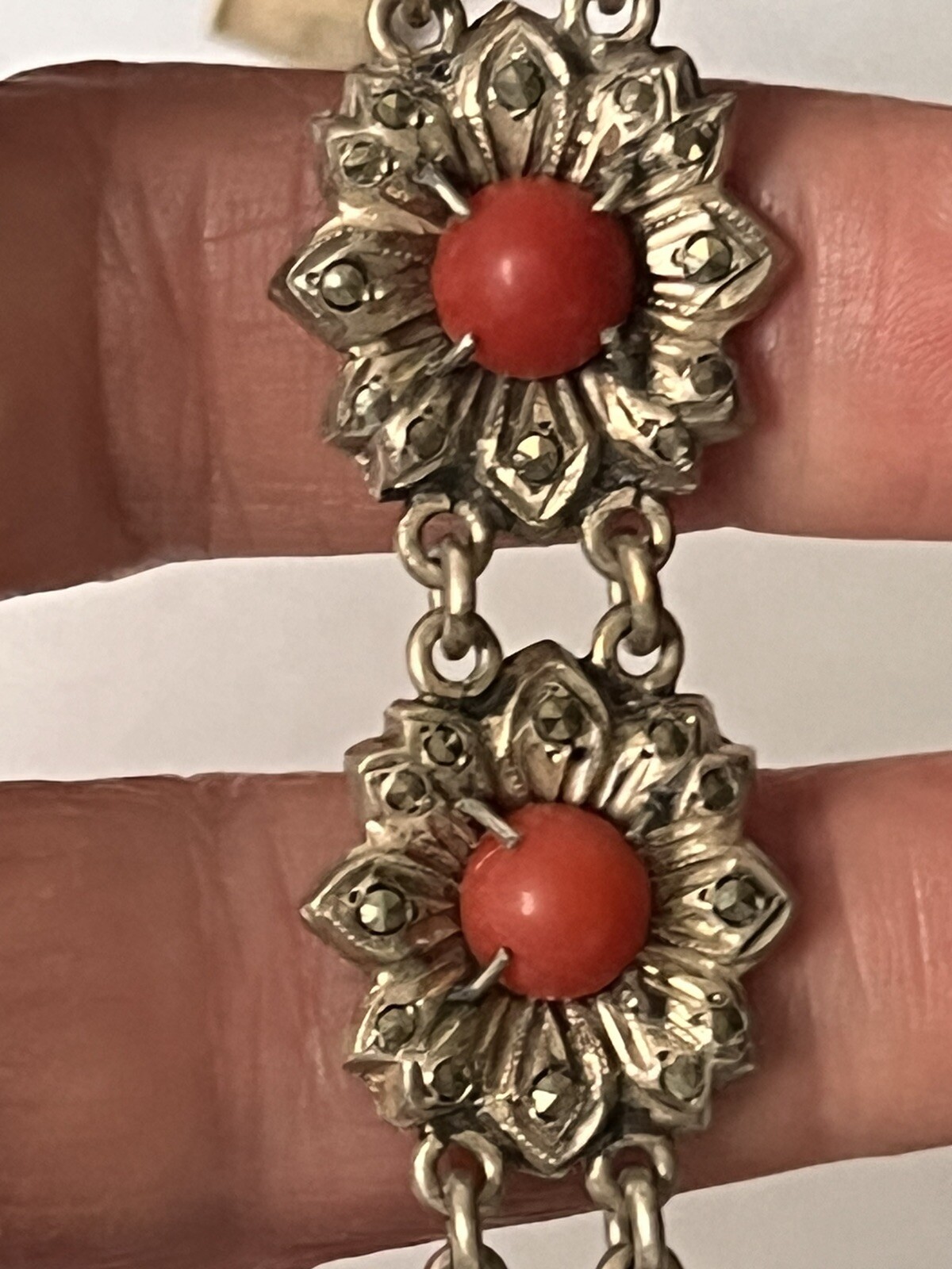Antique Victorian 900 Silver Marcasite & Coral Link Flower Bracelet