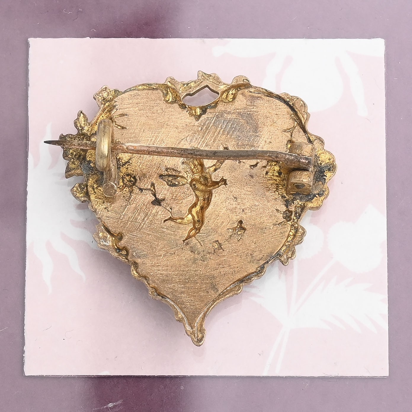 Antique Victorian Rococo Angel Putto HEART Blue Enamel Brooch Pin