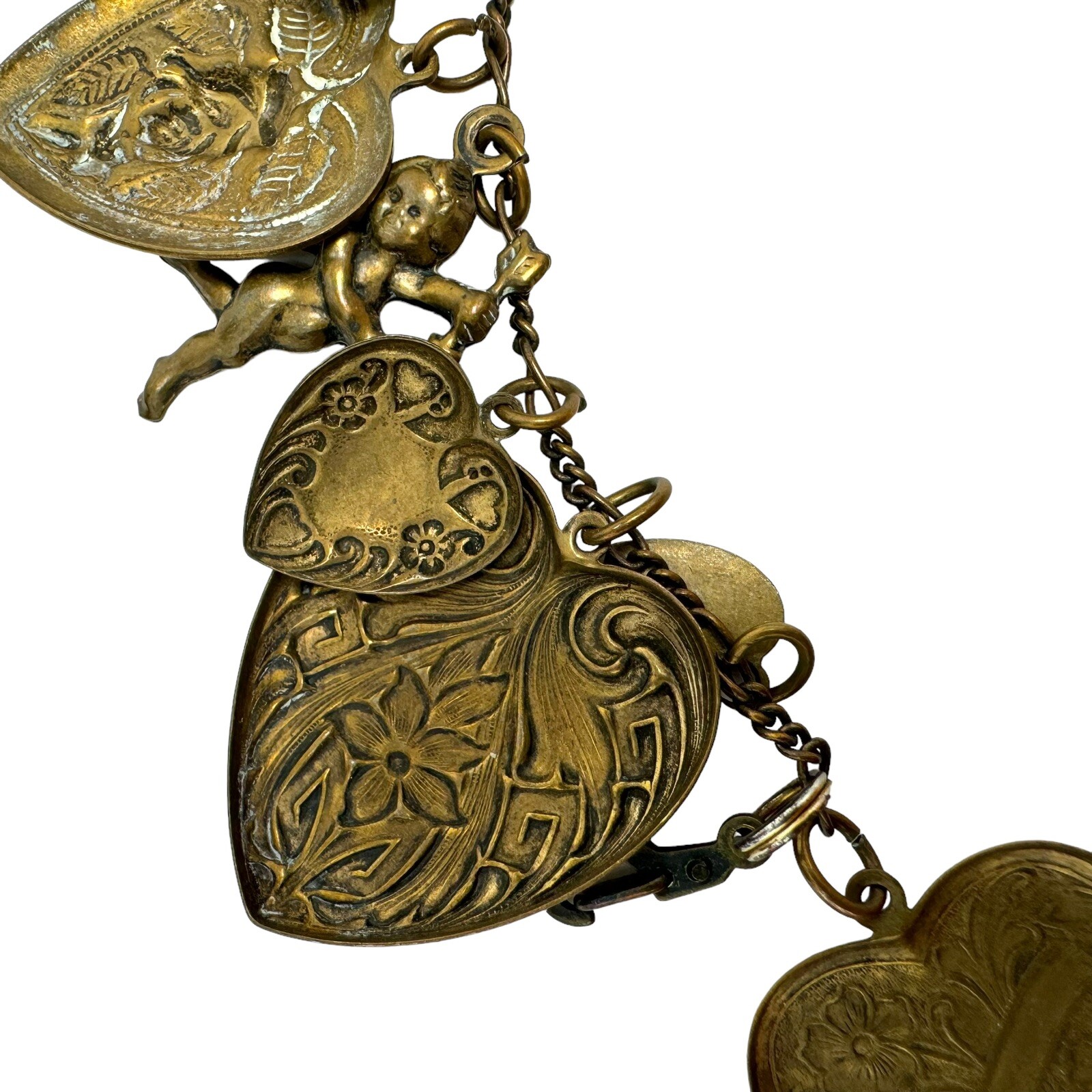 Victorian Style Bronze Color Embossed Fancy Hearts Cherub Charm Bracelet