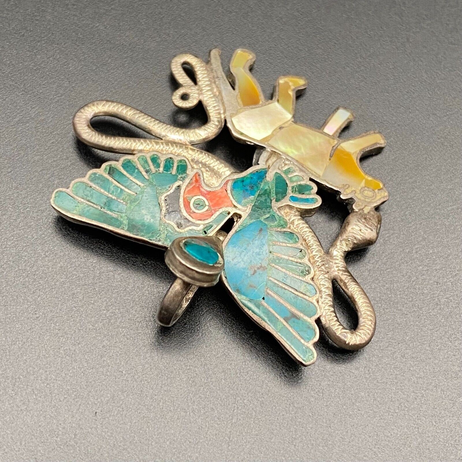 Vintage Eagle Snake Jaguar Turquoise MOP Inlay 950 Sterling Silver Pendant