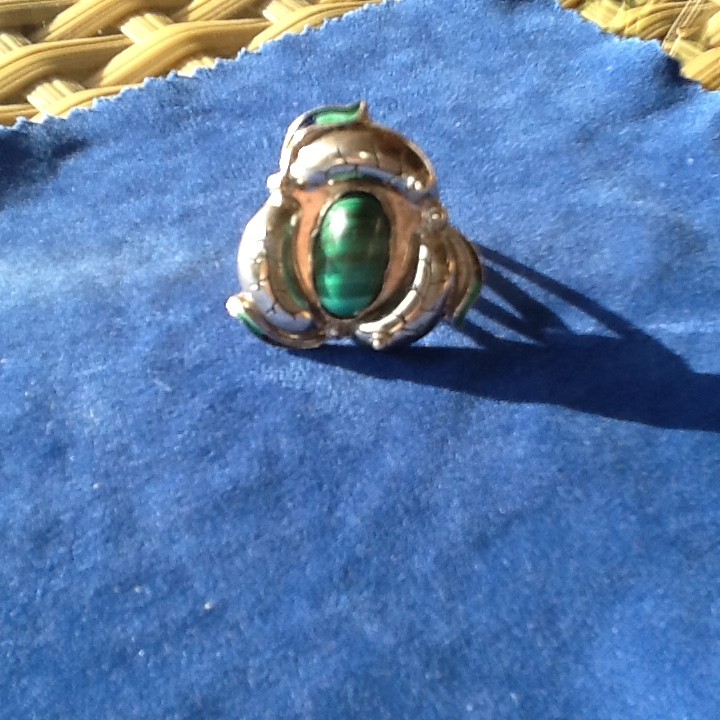 Ring & Earrings Vintage Sterling Silver Green Malachite and Enamel Jewelry Set