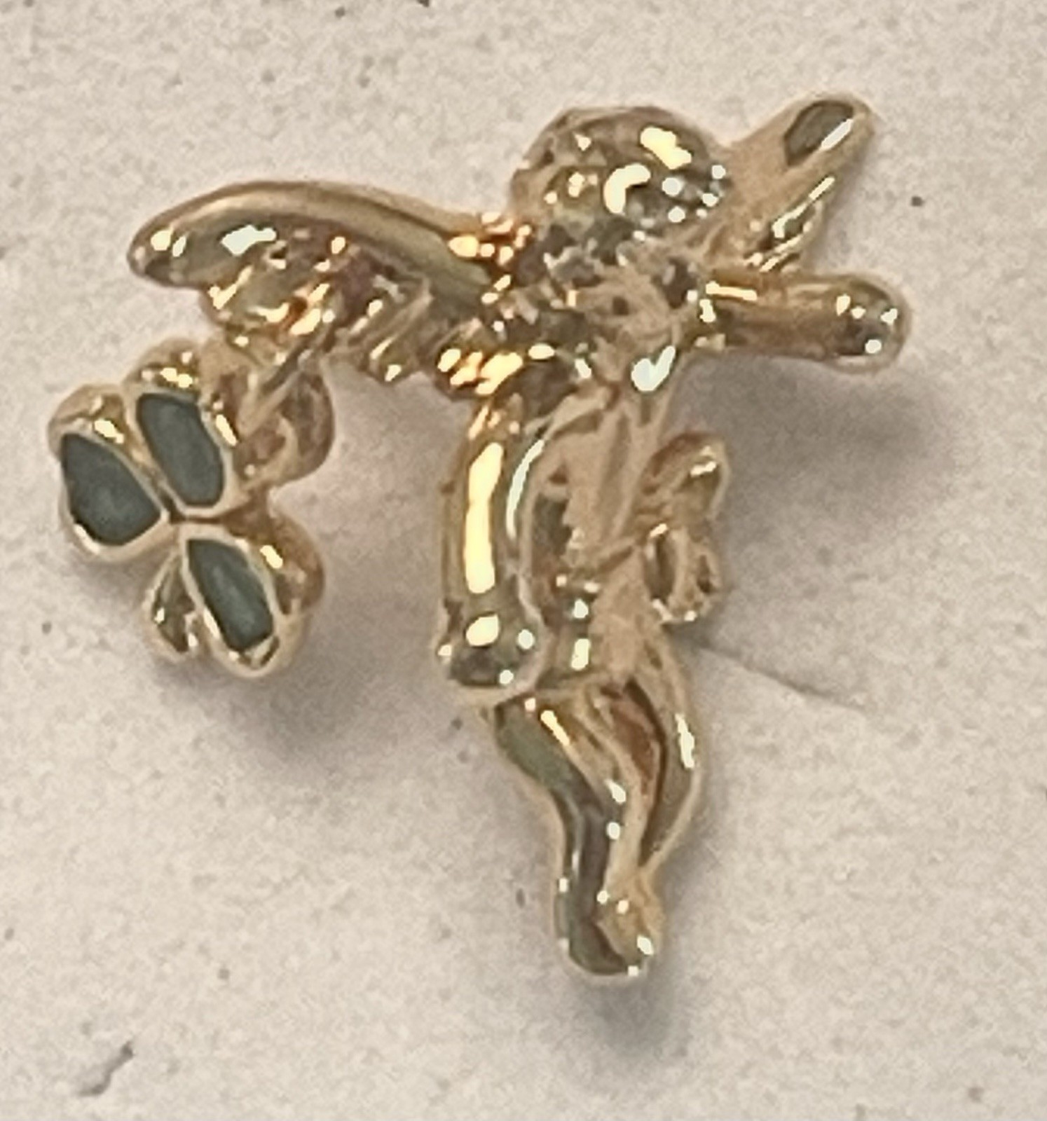 Pair of Vintage Sol D’or Golden Finish Cupid Green Enamel Clover Tie Pins ~ NIB
