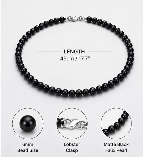 Unisex Faux Pearl Beaded Necklace, Black, 45cm Matte Choker Chain, Minimalist