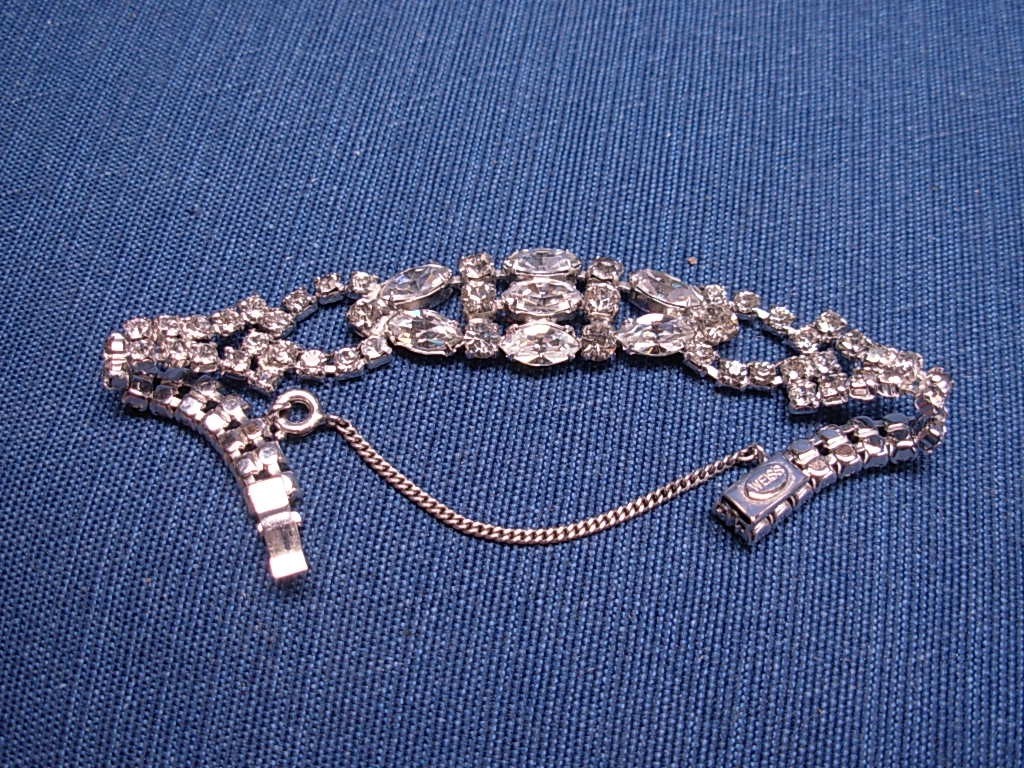 Vintage Weiss Clear Rhinestone Silver Tone Bracelet Circa 1942-1971 Safety Chain