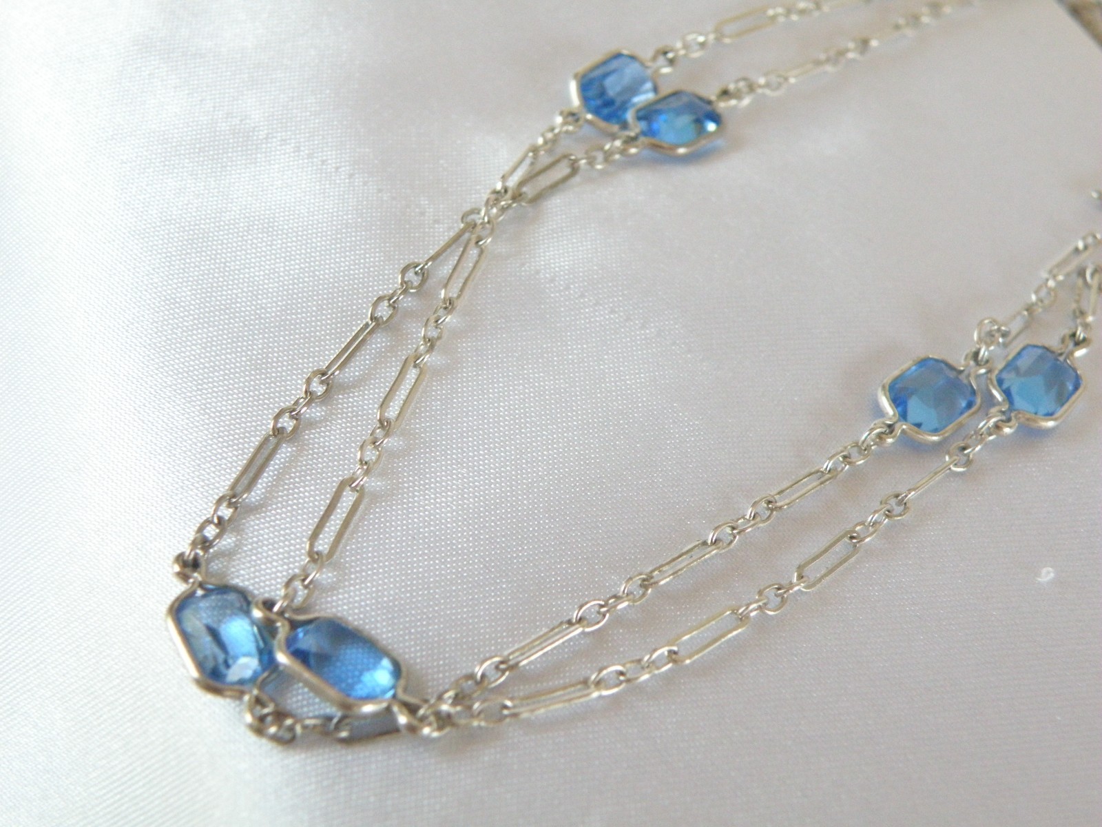 Antique Sterling Silver 925 Blue Gemstone Station Vintage Paperclip Necklace 25″