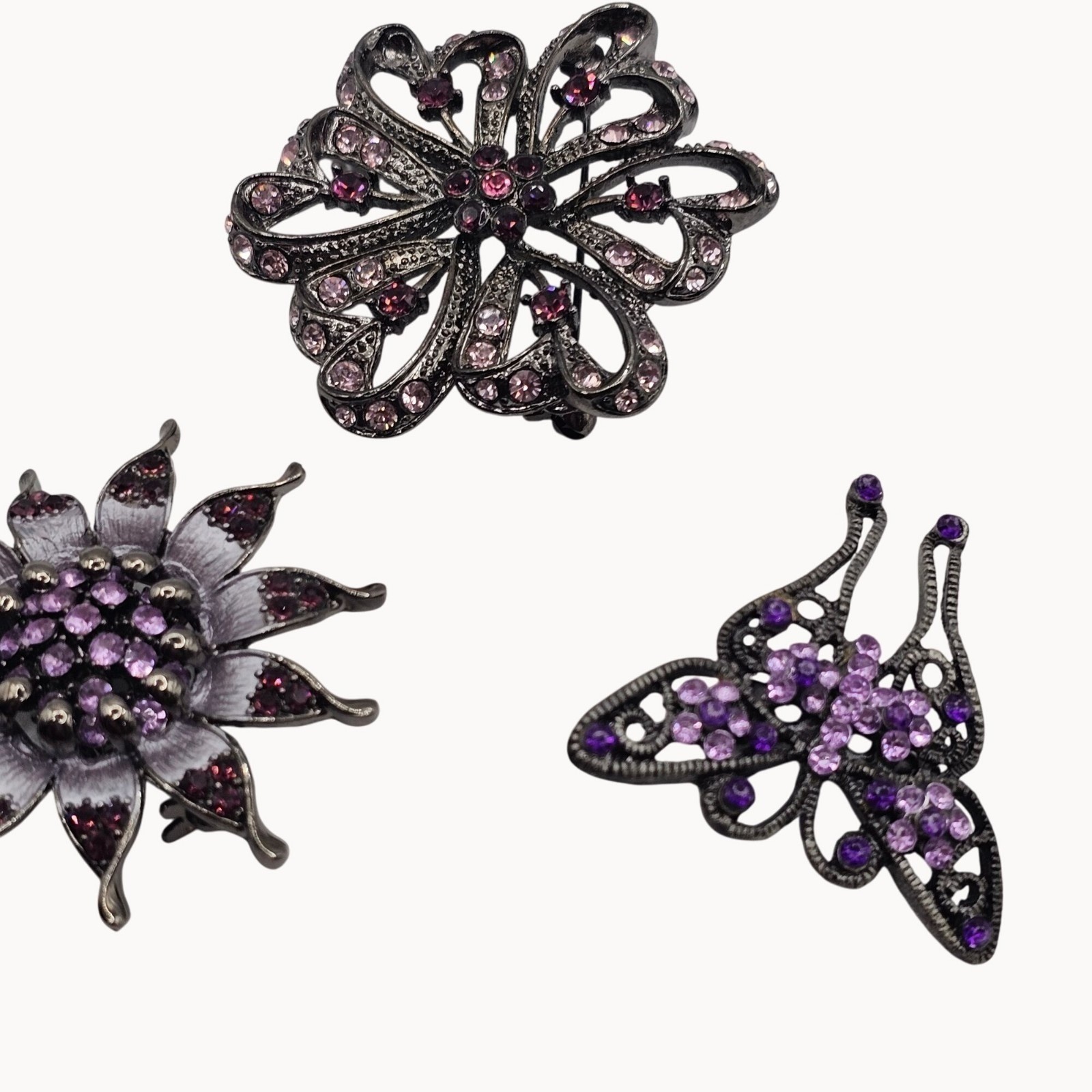 Rhinestone Floral Butterfly Brooch Pin Set 3pc Purple Pink Gunmetal Whimsigoth