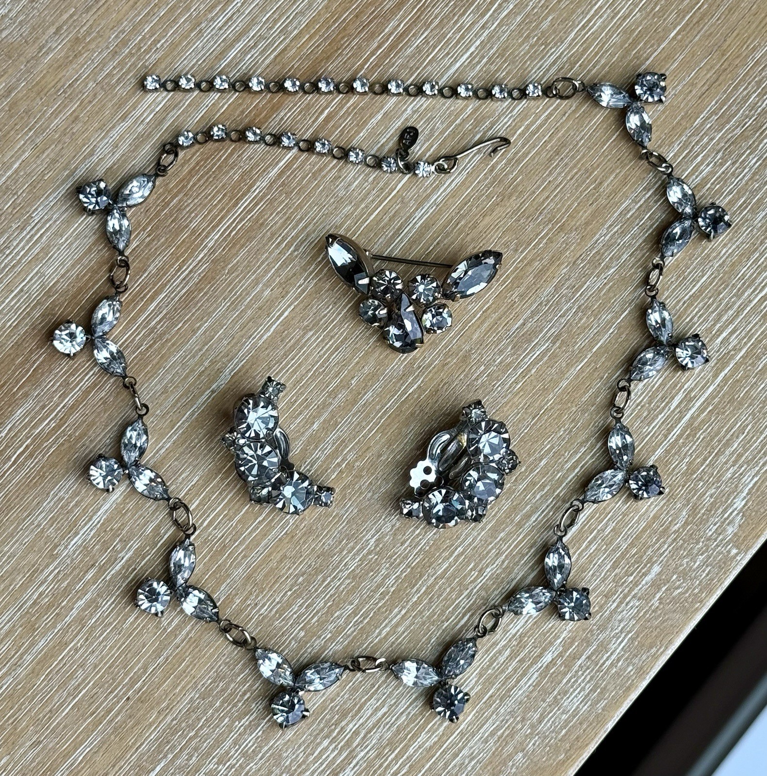 Vintage Designer Jewelry Lot Smoky Grey Rhinestone Necklace Brooch Earrings. A