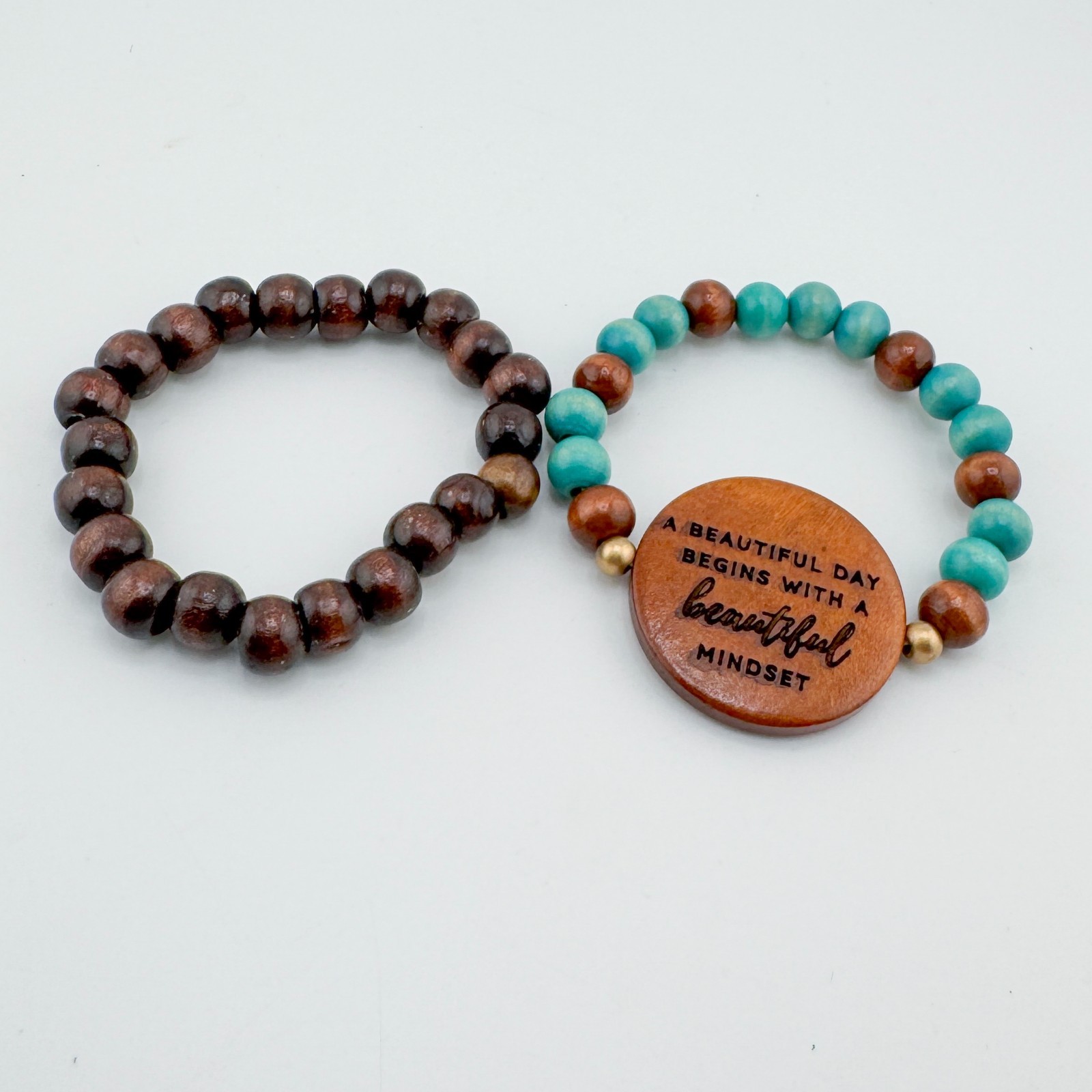 Wood Bead Bracelet 2 Set Stretch Stack Boho Quote “Beautiful Mindset” Earthy