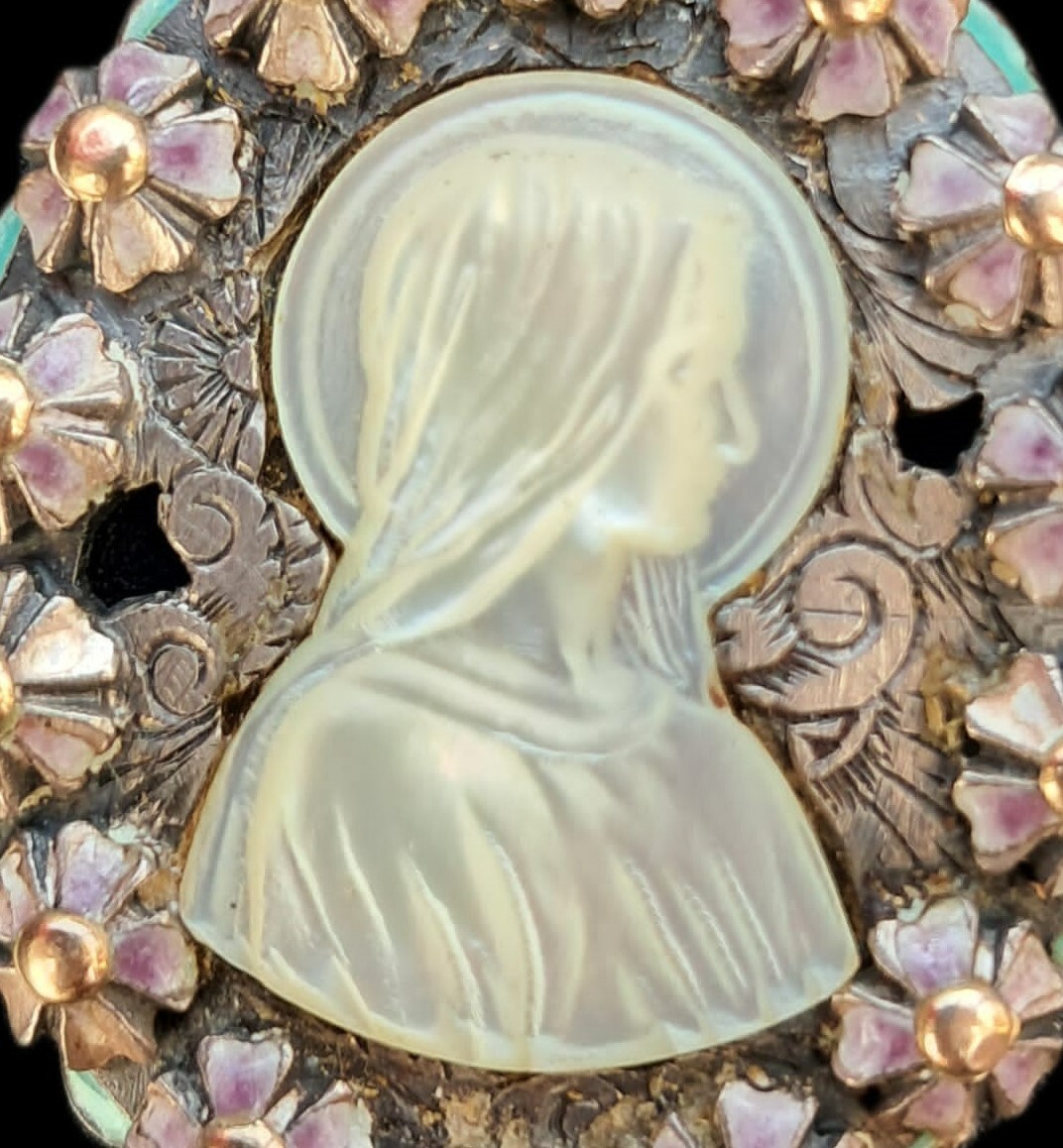 Fine Antique European Art Deco Gold Silver Enamel MOP Virgin Mary Pendant C1900