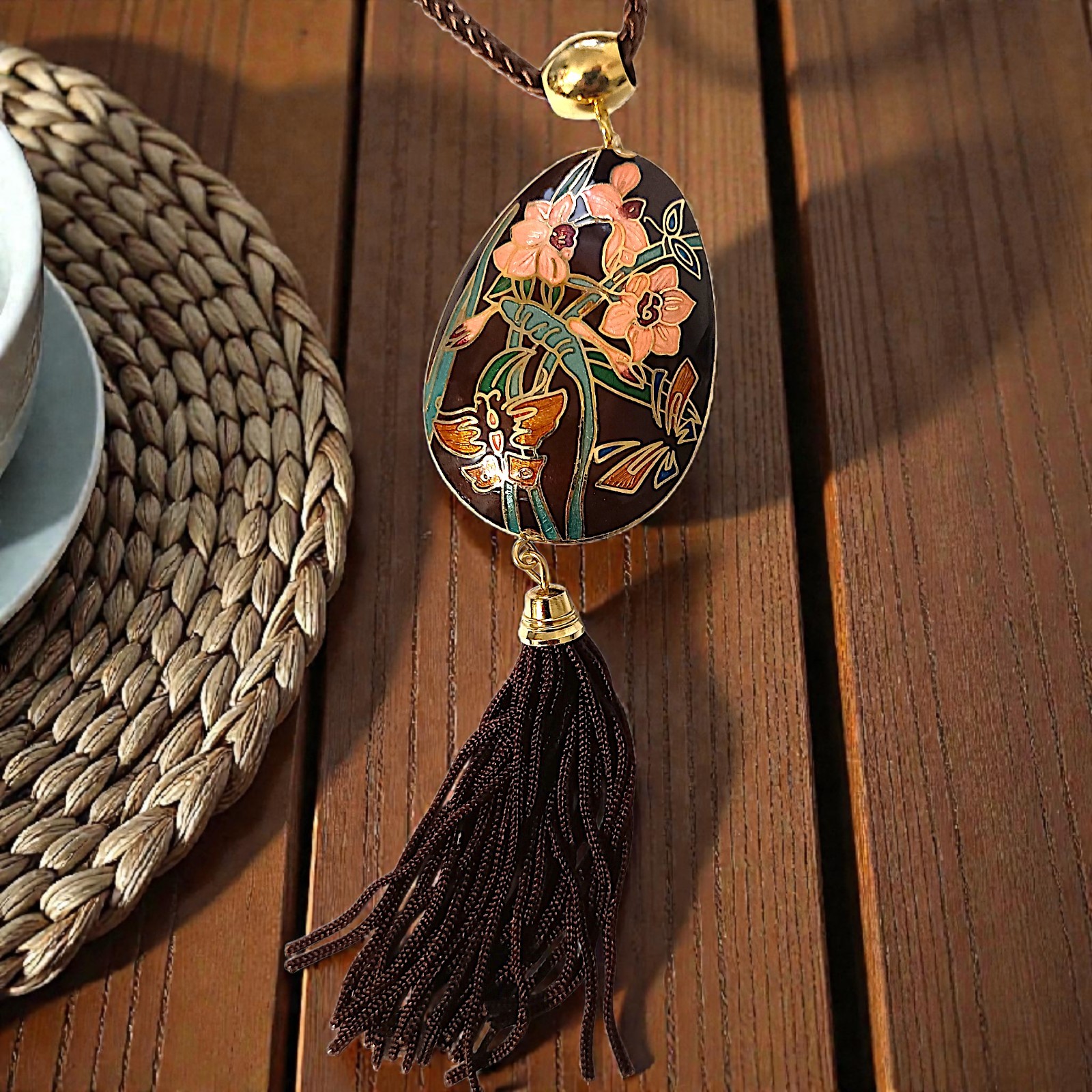 Vtg Butterfly Cloisonne Necklace 70s Pendant Tassel Woven Cord Brown Dual Sided