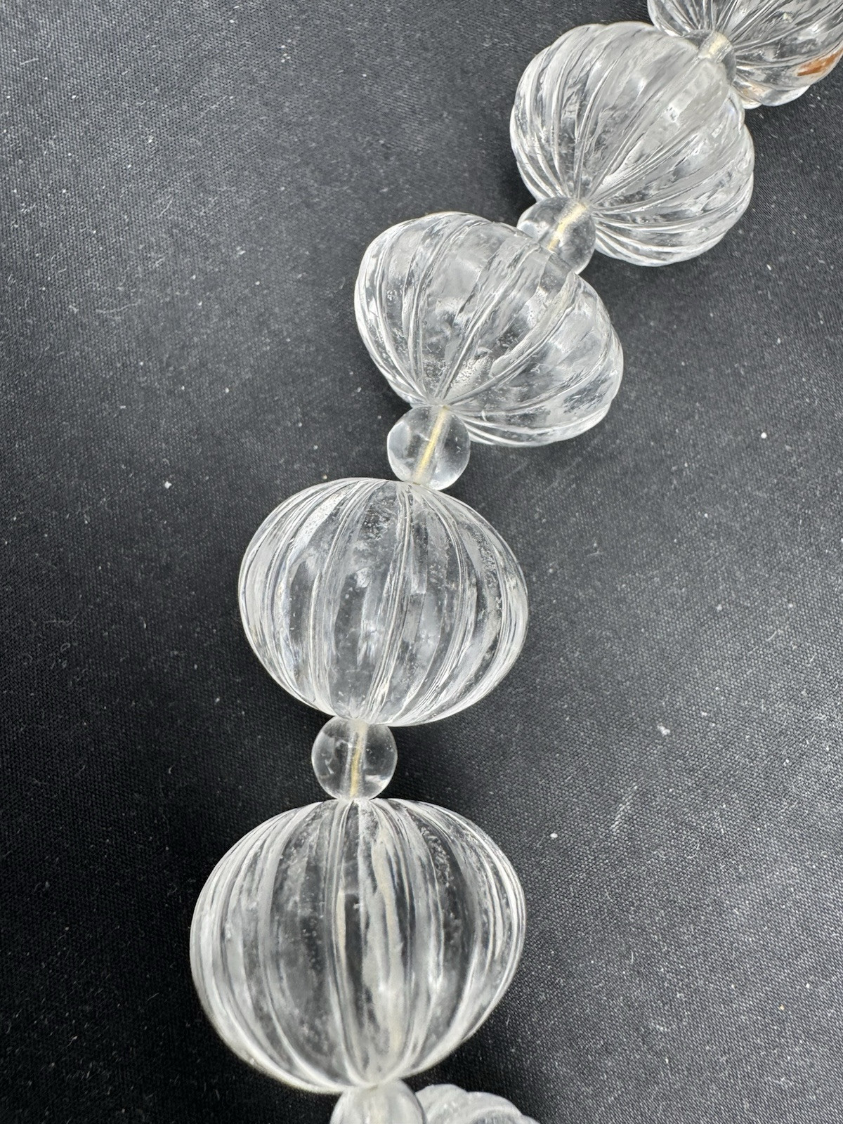 Vintage Hand Carved Rock Crystal MELON BEAD Necklace, 169 grams, 20″