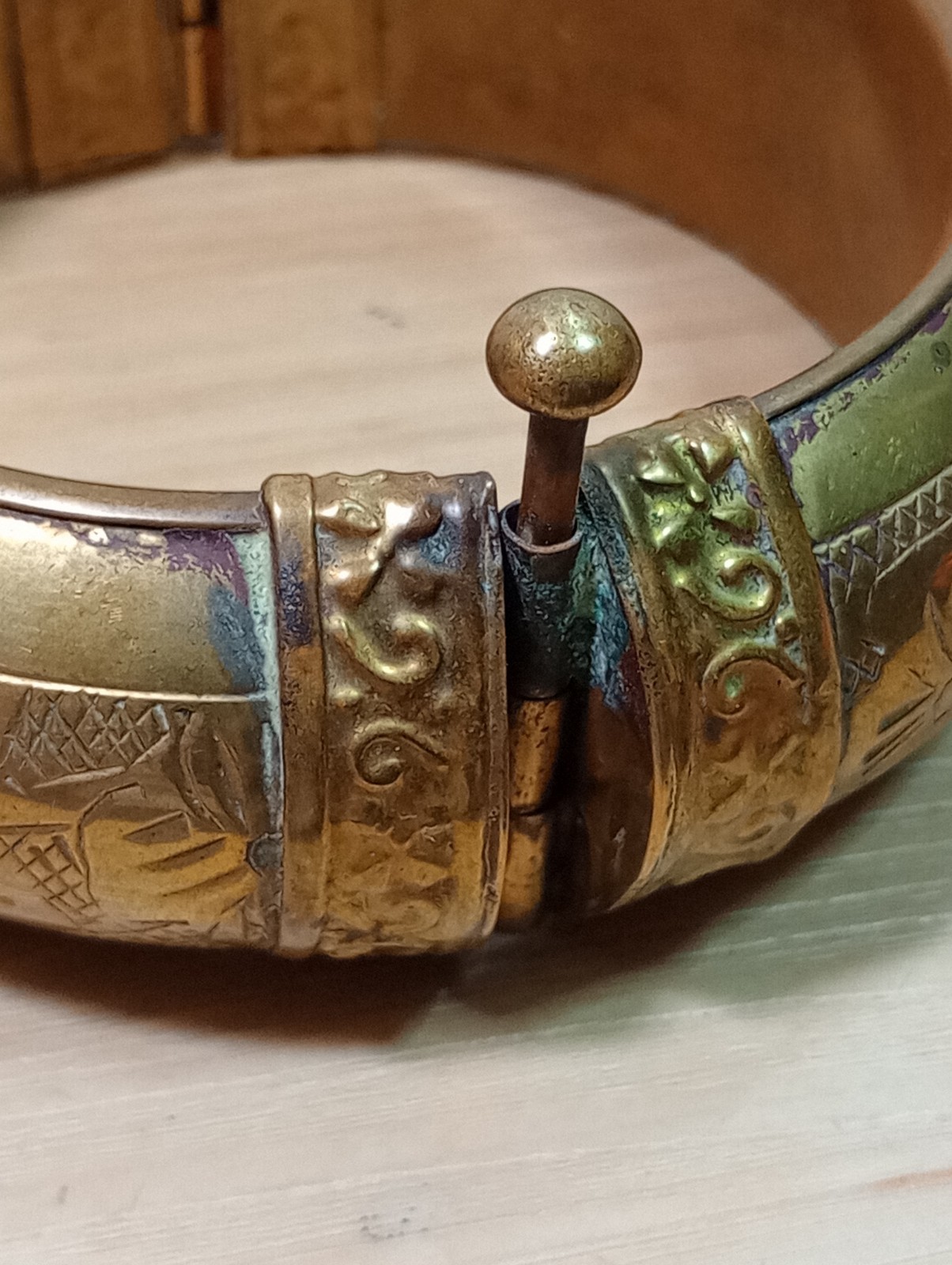 Vintage hinged brass bangle bracelet with etchings/ pin closure Morocco Or India