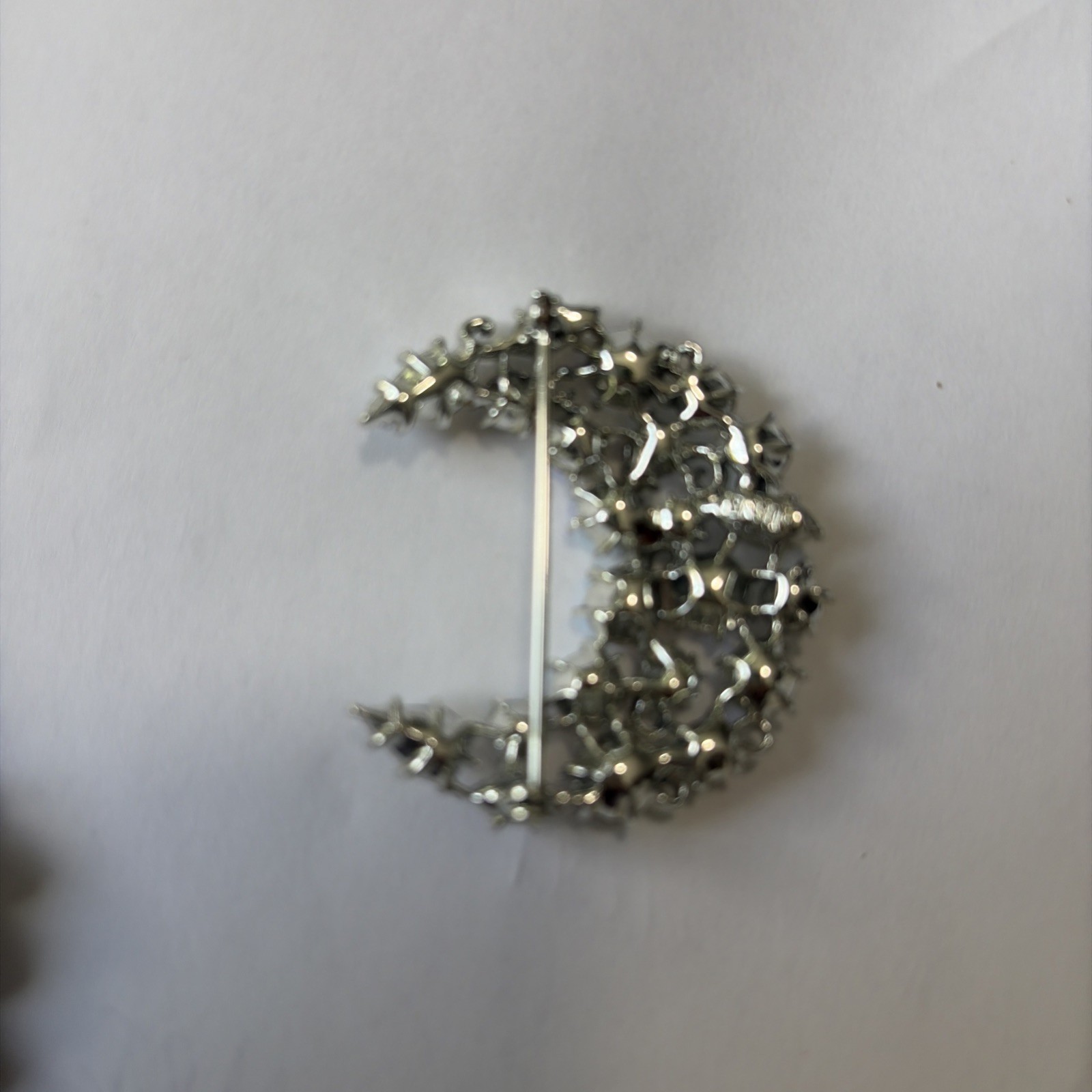 Vintage KARU Arke Blue AB Rhinestone Crescent Moon Brooch Silver Tone Excellent