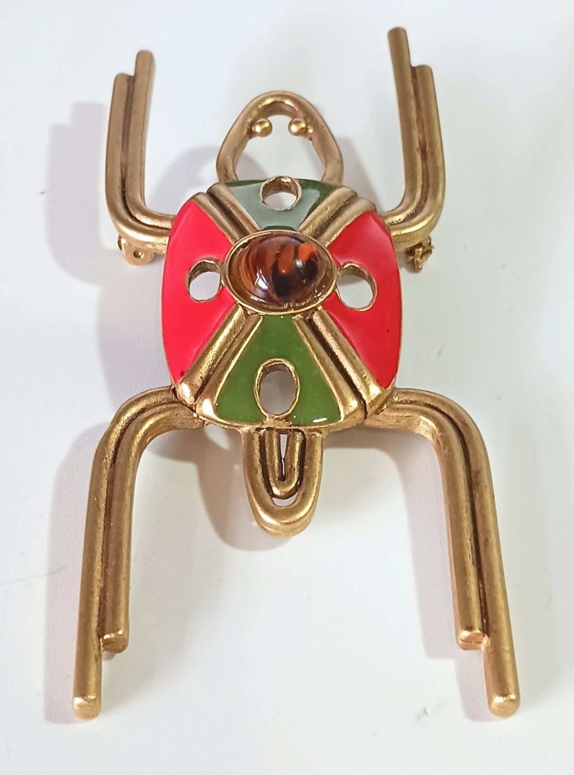 Vintage Gold-tone Insect Bug Brooch w/ Enamel Body & Translucent Cabochon