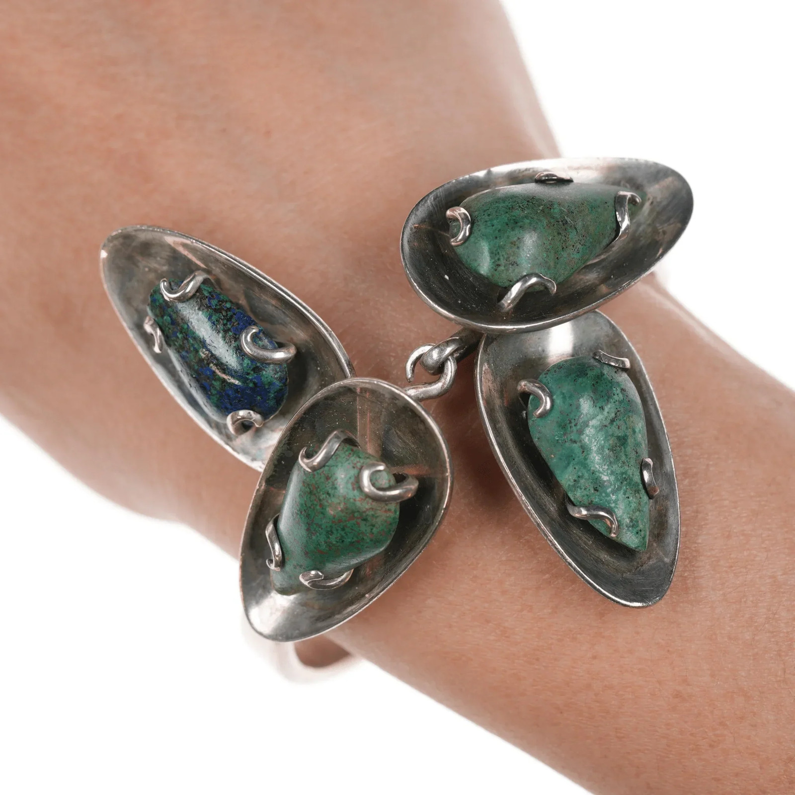 6.25″ Los Castillo sterling silver floraform chysocolla bangle bracelet