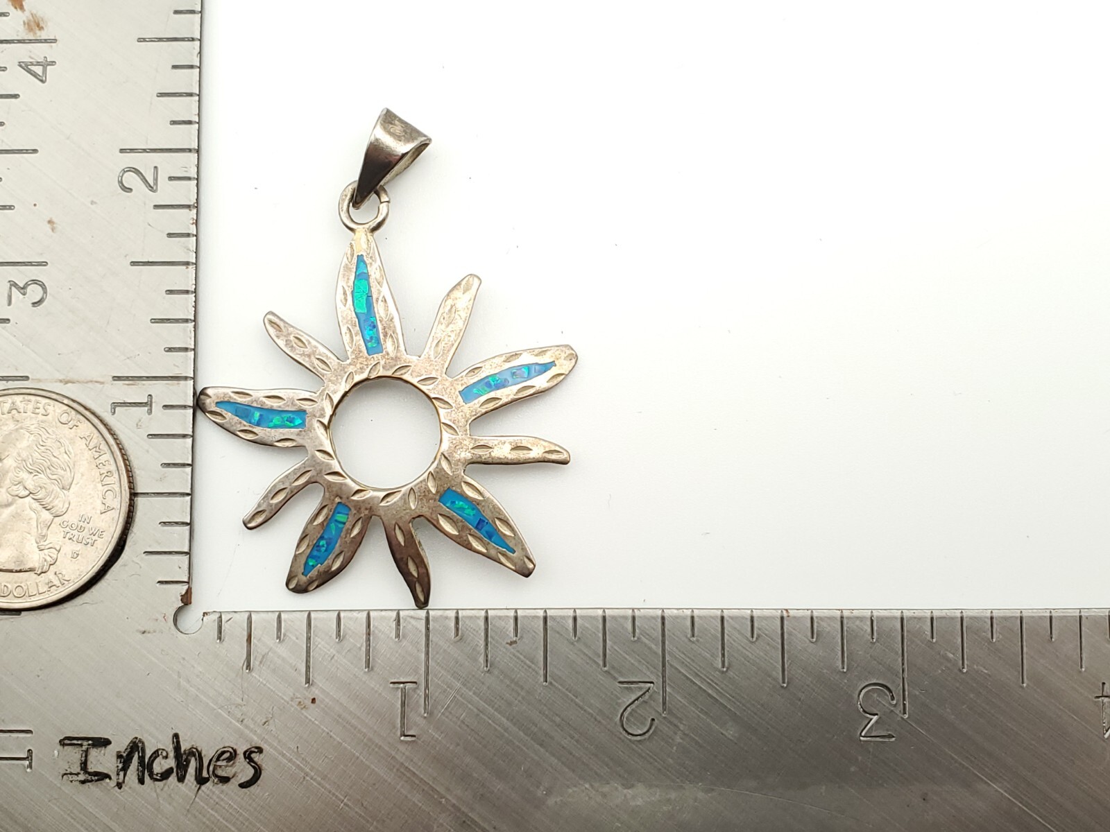 Vintage Sterling Silver Open Circle Sun Opal Inlay Mexico Pendant for Necklace