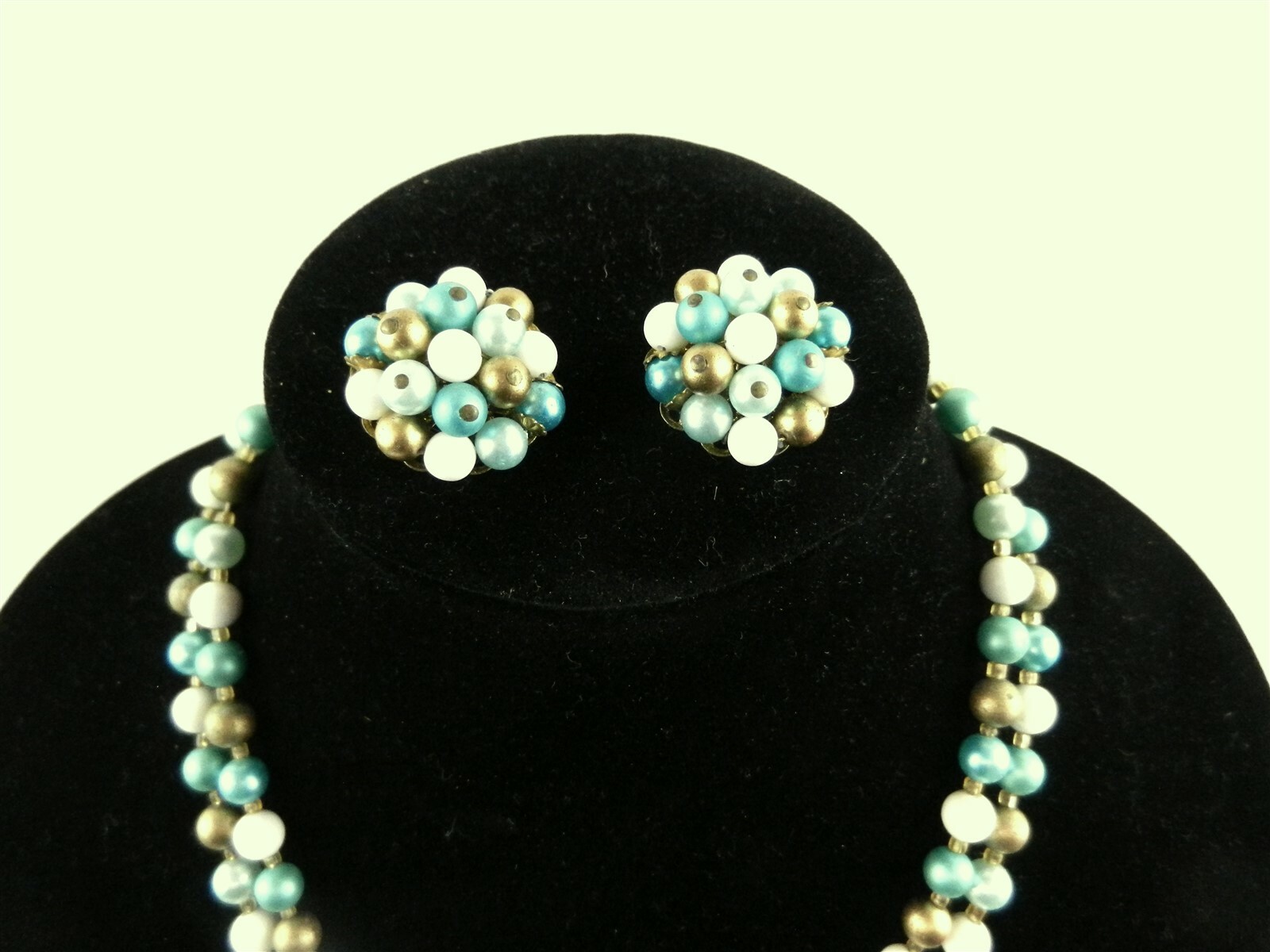 Vtg Double Strand Necklace w/Earrings Teal/White/Gold Japan 1960’s Clip-on S04B