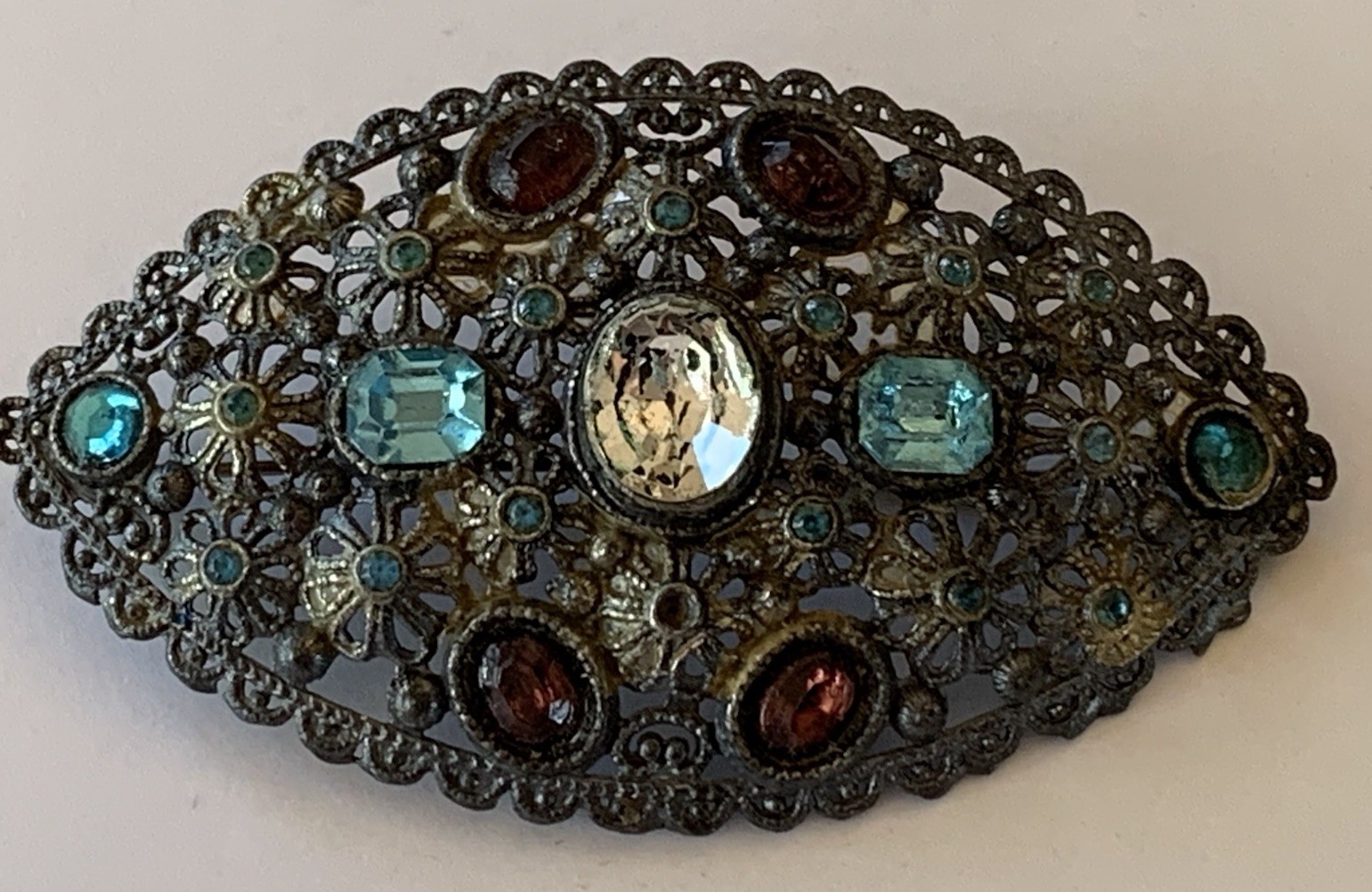New England Glass Works Antique Brooch Pin Rhinestones Filigree Marked