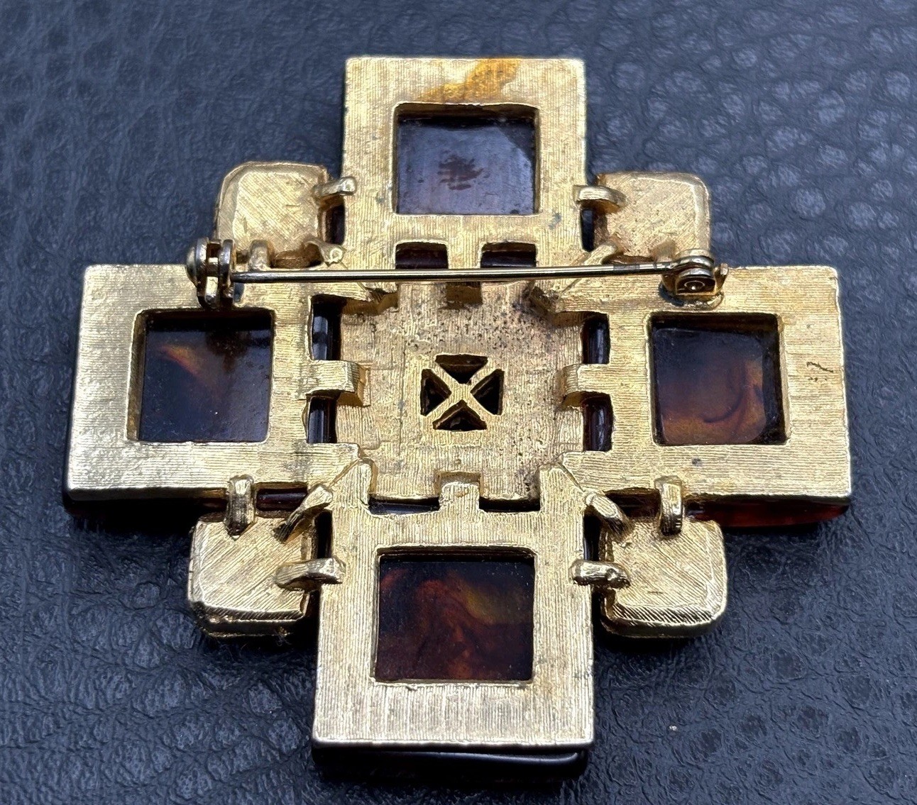 Vintage HUGE 80s Gold Tone Faux Amber Maltese Cross Brooch Pin Statement Piece